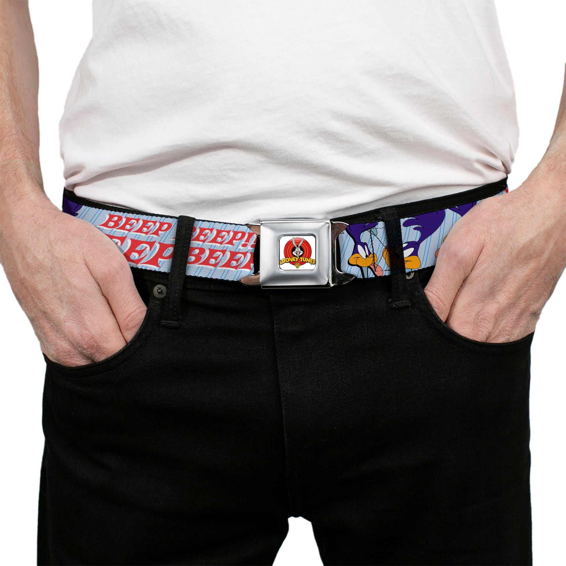 Looney Tunes Logo Full Color White Seatbelt Belt - MEEP MEEP!! w/Road Runner Poses Baby Blue Webbing Seatbelt Belts Looney Tunes