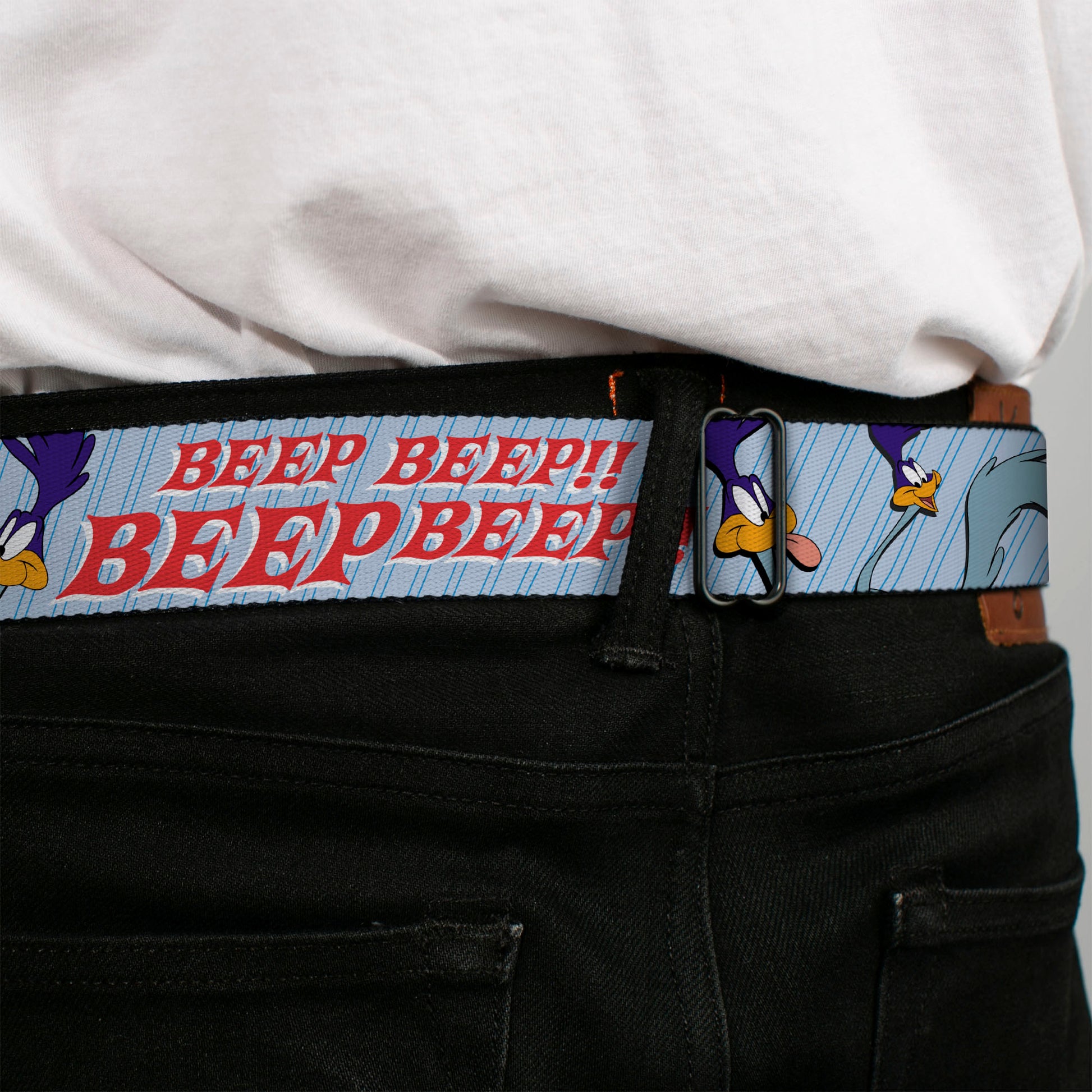 Looney Tunes Logo Full Color White Seatbelt Belt - MEEP MEEP!! w/Road Runner Poses Baby Blue Webbing Seatbelt Belts Looney Tunes