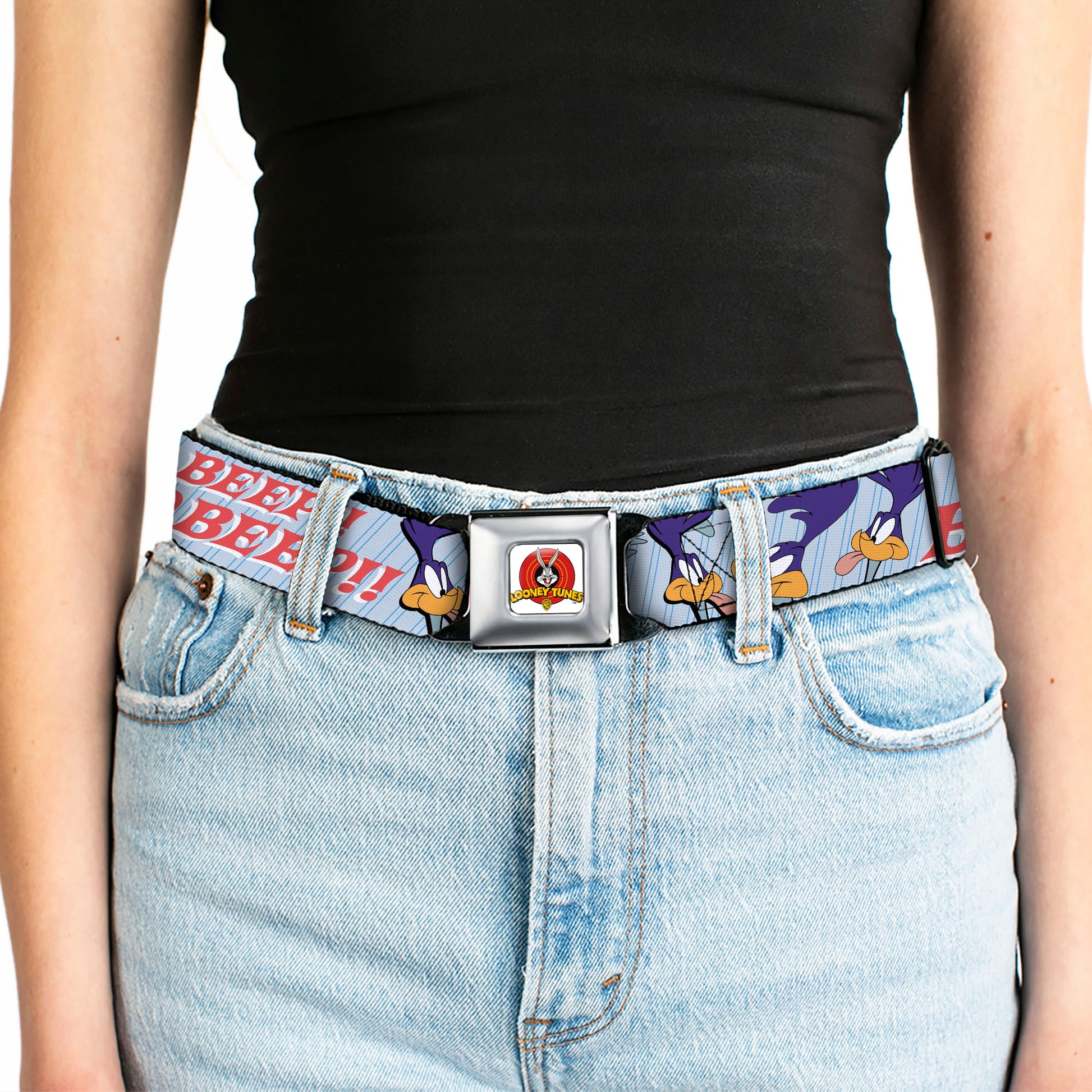 Looney Tunes Logo Full Color White Seatbelt Belt - MEEP MEEP!! w/Road Runner Poses Baby Blue Webbing Seatbelt Belts Looney Tunes