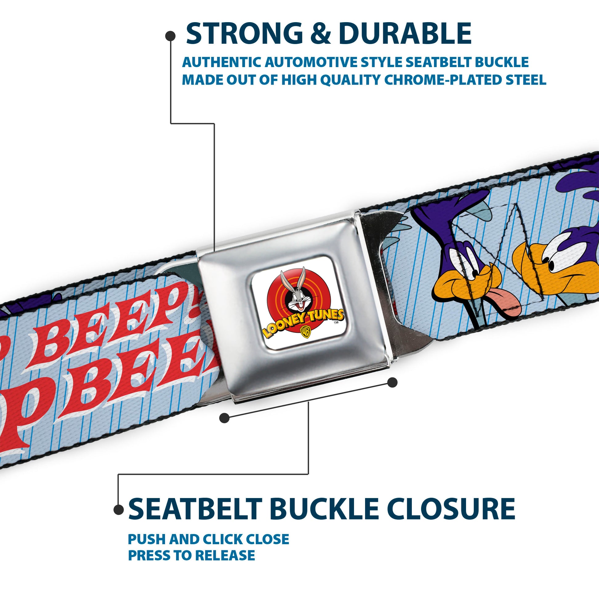 Looney Tunes Logo Full Color White Seatbelt Belt - MEEP MEEP!! w/Road Runner Poses Baby Blue Webbing Seatbelt Belts Looney Tunes