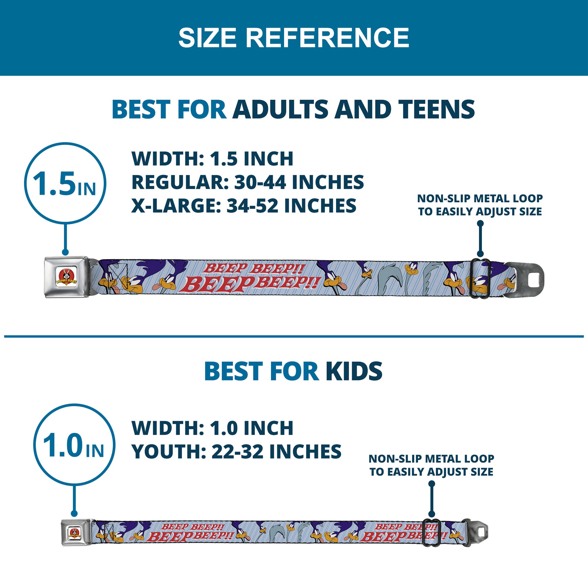 Looney Tunes Logo Full Color White Seatbelt Belt - MEEP MEEP!! w/Road Runner Poses Baby Blue Webbing Seatbelt Belts Looney Tunes