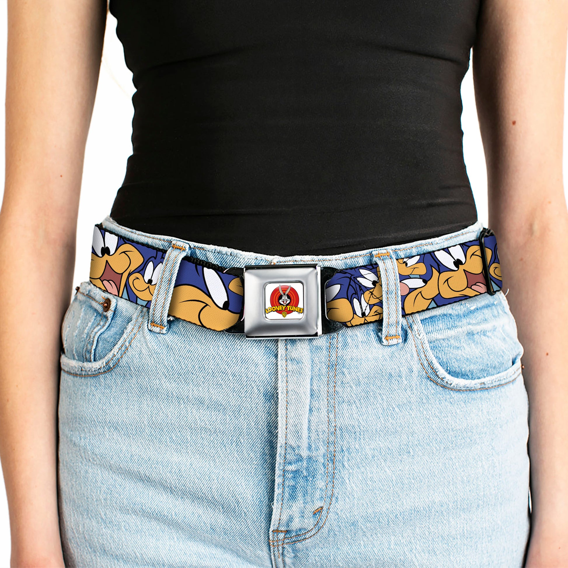 Looney Tunes Logo Full Color White Seatbelt Belt - Road Runner Expressions Stacked Webbing Seatbelt Belts Looney Tunes