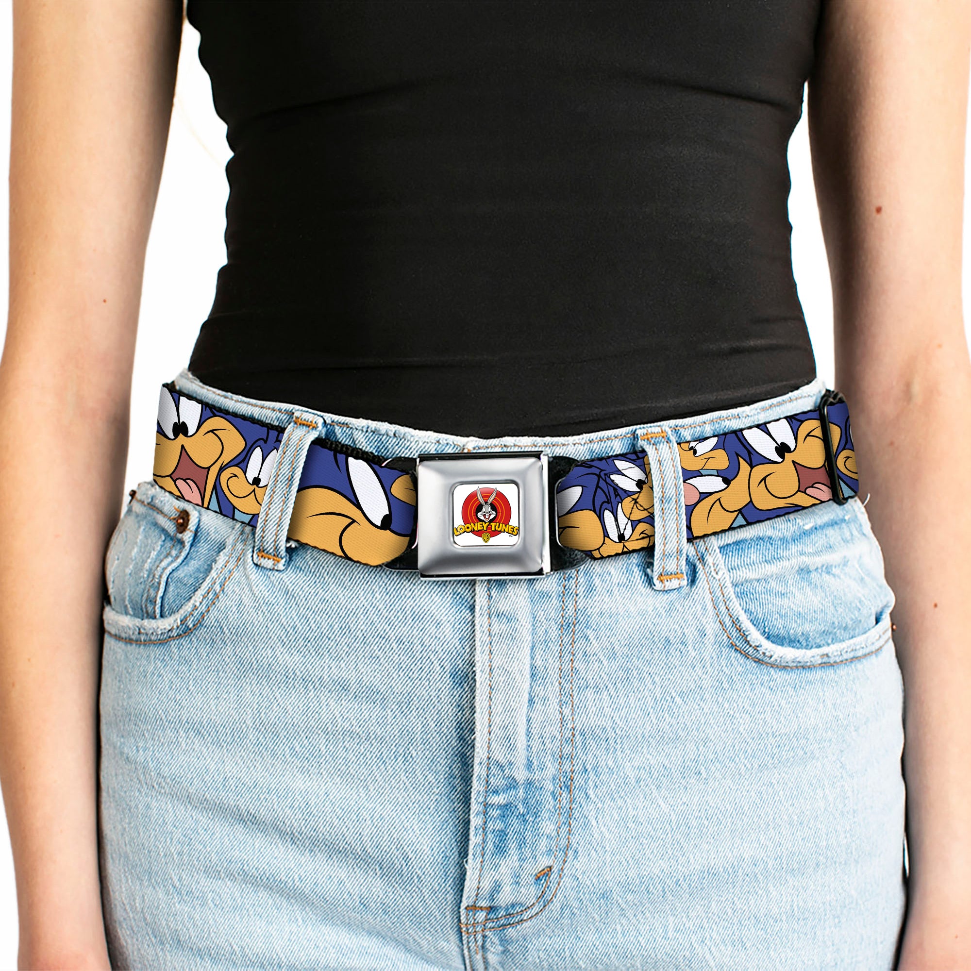 Looney Tunes Logo Full Color White Seatbelt Belt - Road Runner Expressions Stacked Webbing Seatbelt Belts Looney Tunes