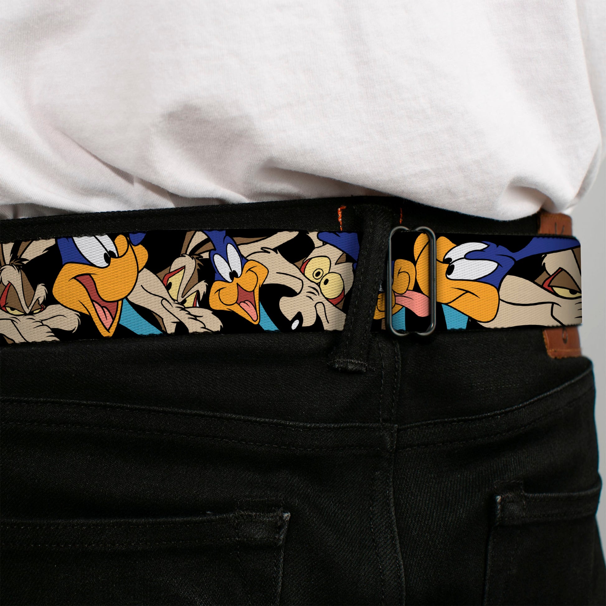 Looney Tunes Logo Full Color White Seatbelt Belt - Road Runner/Wile E. Coyote Expressions Stacked Black Webbing Seatbelt Belts Looney Tunes