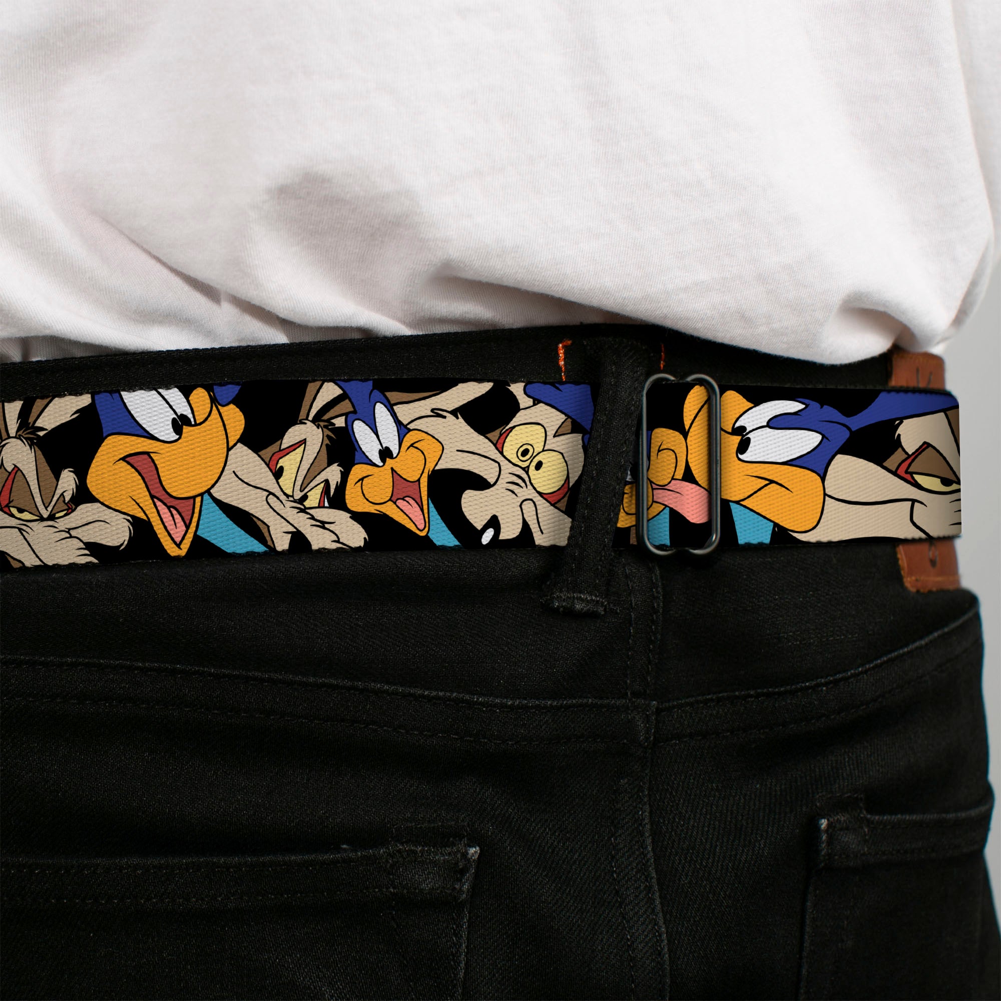 Looney Tunes Logo Full Color White Seatbelt Belt - Road Runner/Wile E. Coyote Expressions Stacked Black Webbing Seatbelt Belts Looney Tunes