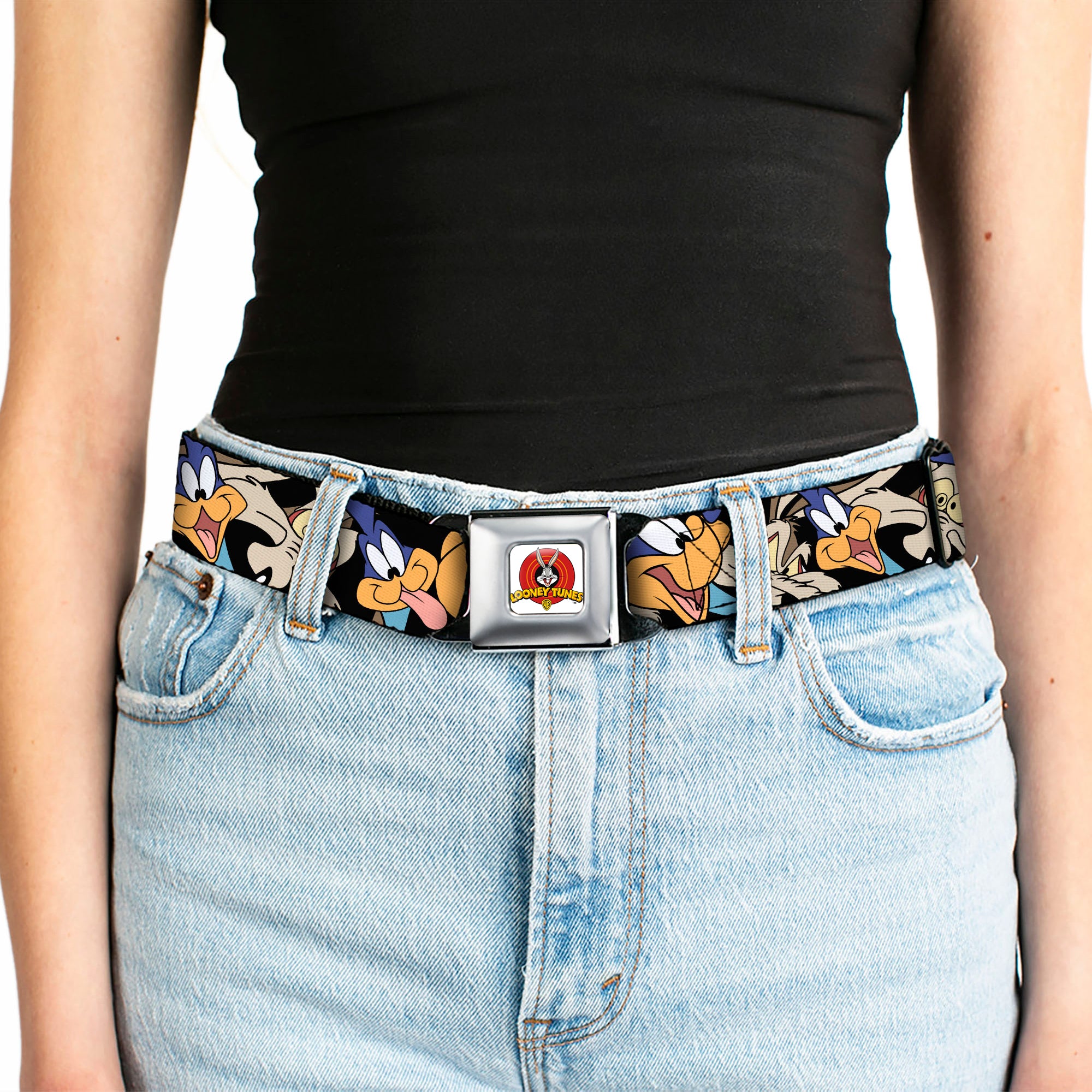 Looney Tunes Logo Full Color White Seatbelt Belt - Road Runner/Wile E. Coyote Expressions Stacked Black Webbing Seatbelt Belts Looney Tunes