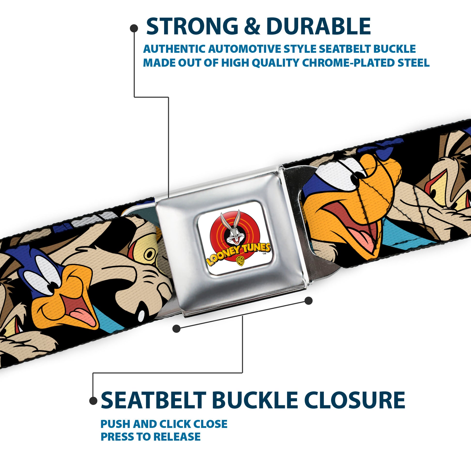Looney Tunes Logo Full Color White Seatbelt Belt - Road Runner/Wile E. Coyote Expressions Stacked Black Webbing Seatbelt Belts Looney Tunes