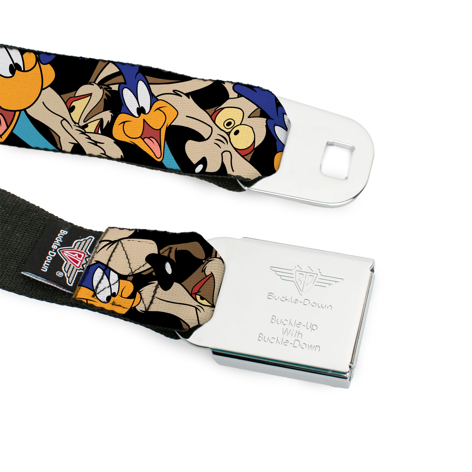 Looney Tunes Logo Full Color White Seatbelt Belt - Road Runner/Wile E. Coyote Expressions Stacked Black Webbing Seatbelt Belts Looney Tunes