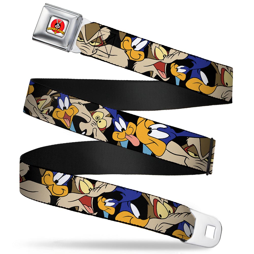 Looney Tunes Logo Full Color White Seatbelt Belt - Road Runner/Wile E. Coyote Expressions Stacked Black Webbing Seatbelt Belts Looney Tunes