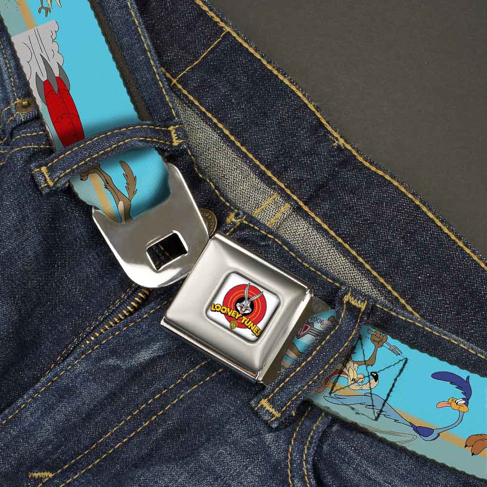Looney Tunes Logo Full Color White Seatbelt Belt - Road Runner/Wile E. Coyote Scene2 Desert Webbing Seatbelt Belts Looney Tunes