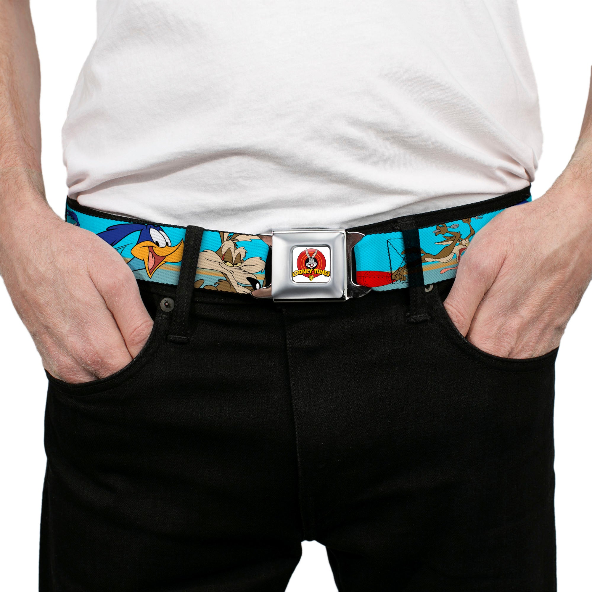 Looney Tunes Logo Full Color White Seatbelt Belt - Road Runner/Wile E. Coyote Scene2 Desert Webbing Seatbelt Belts Looney Tunes