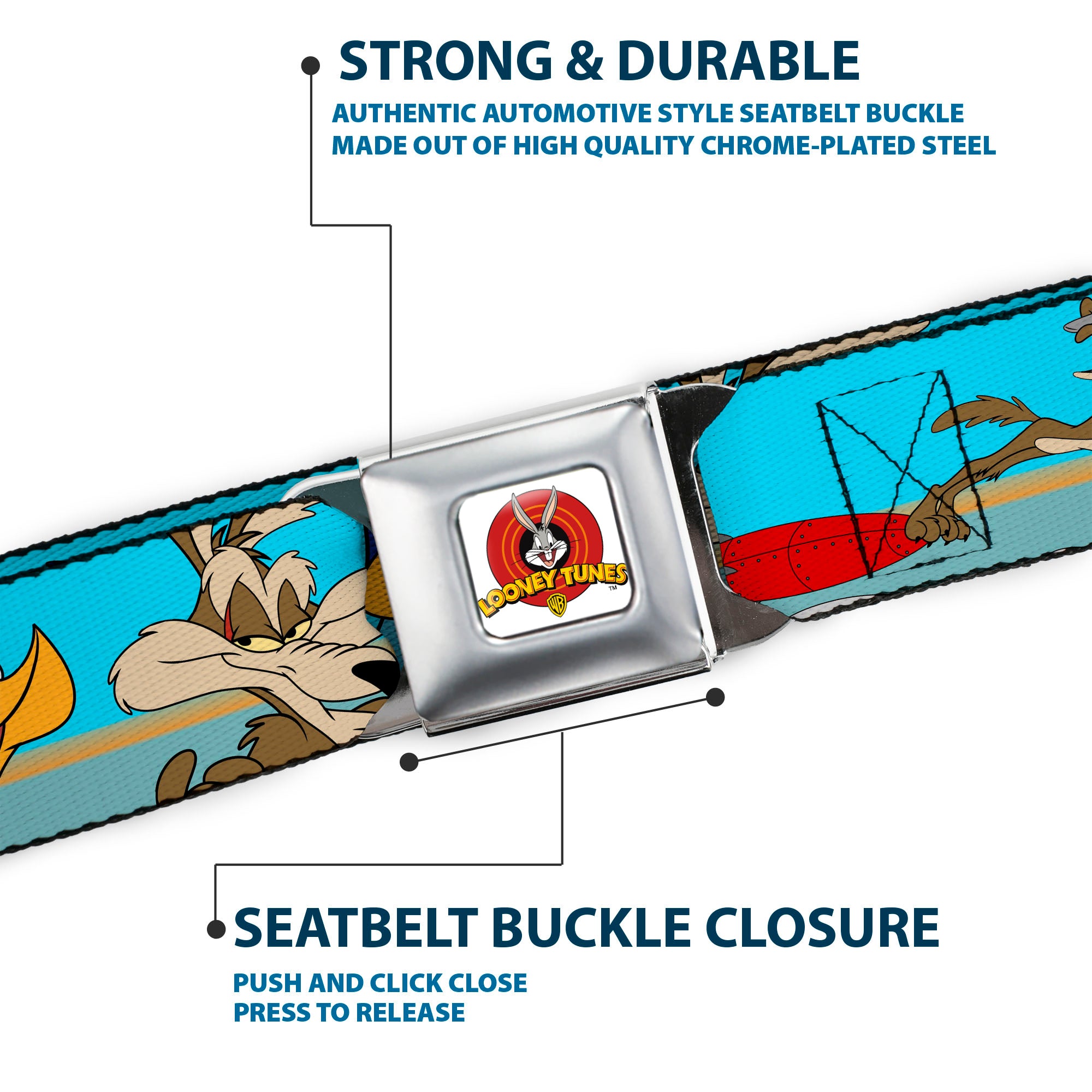 Looney Tunes Logo Full Color White Seatbelt Belt - Road Runner/Wile E. Coyote Scene2 Desert Webbing Seatbelt Belts Looney Tunes