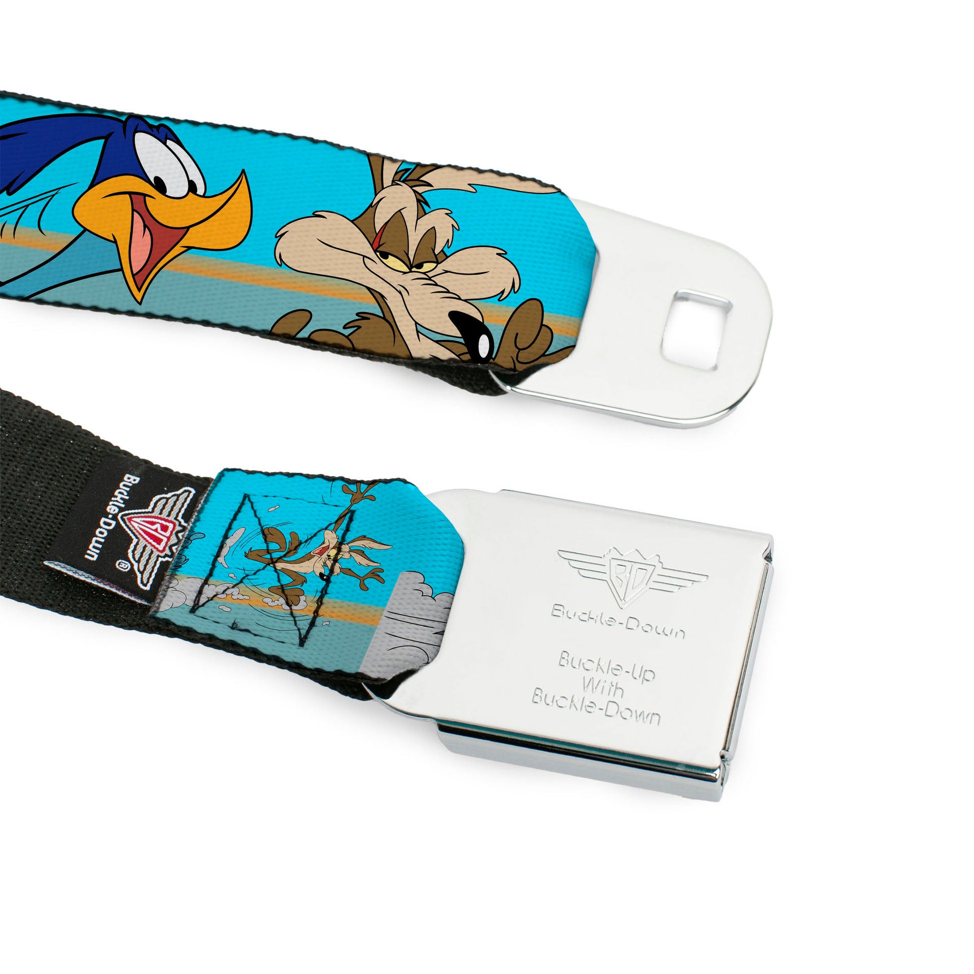 Looney Tunes Logo Full Color White Seatbelt Belt - Road Runner/Wile E. Coyote Scene2 Desert Webbing Seatbelt Belts Looney Tunes