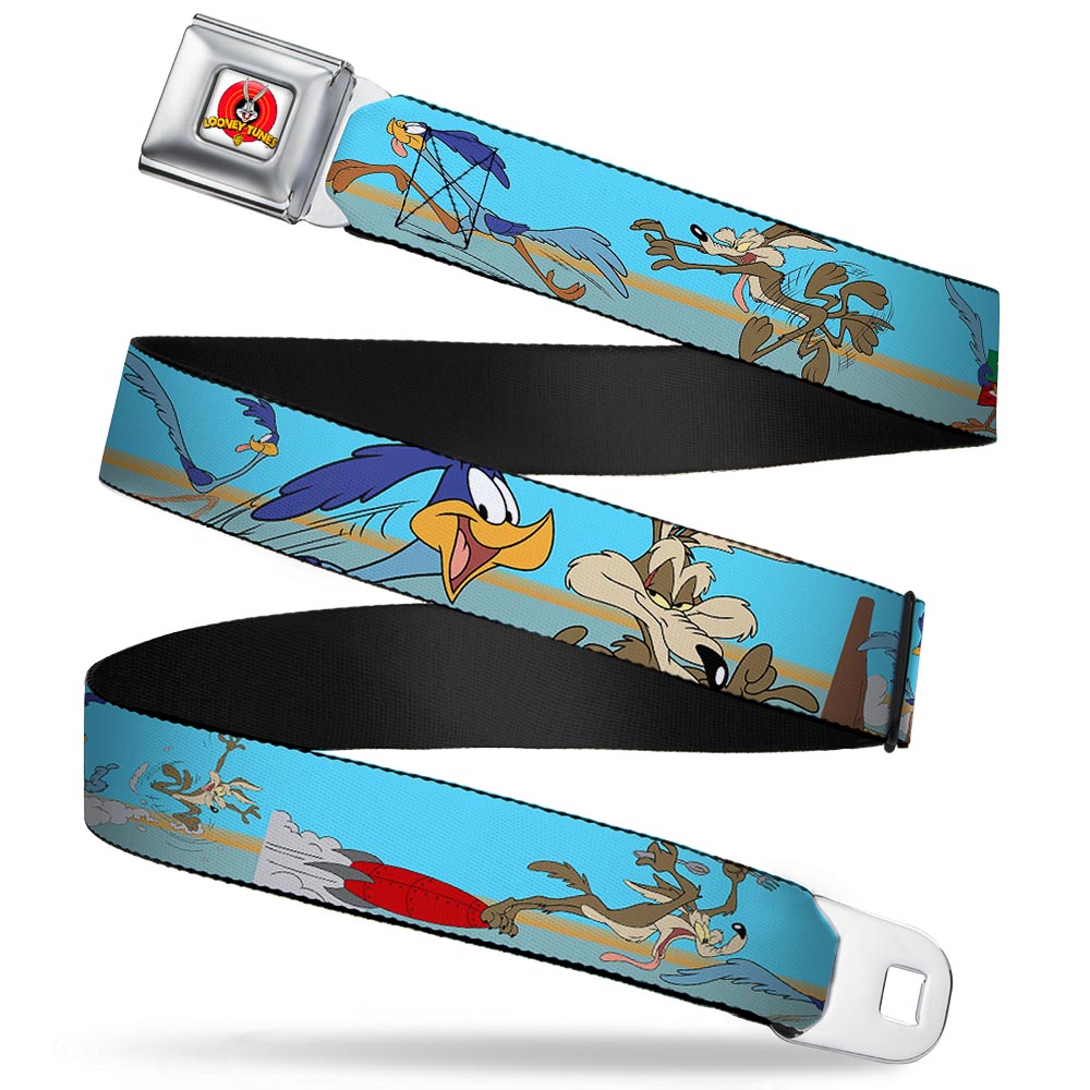 Looney Tunes Logo Full Color White Seatbelt Belt - Road Runner/Wile E. Coyote Scene2 Desert Webbing Seatbelt Belts Looney Tunes