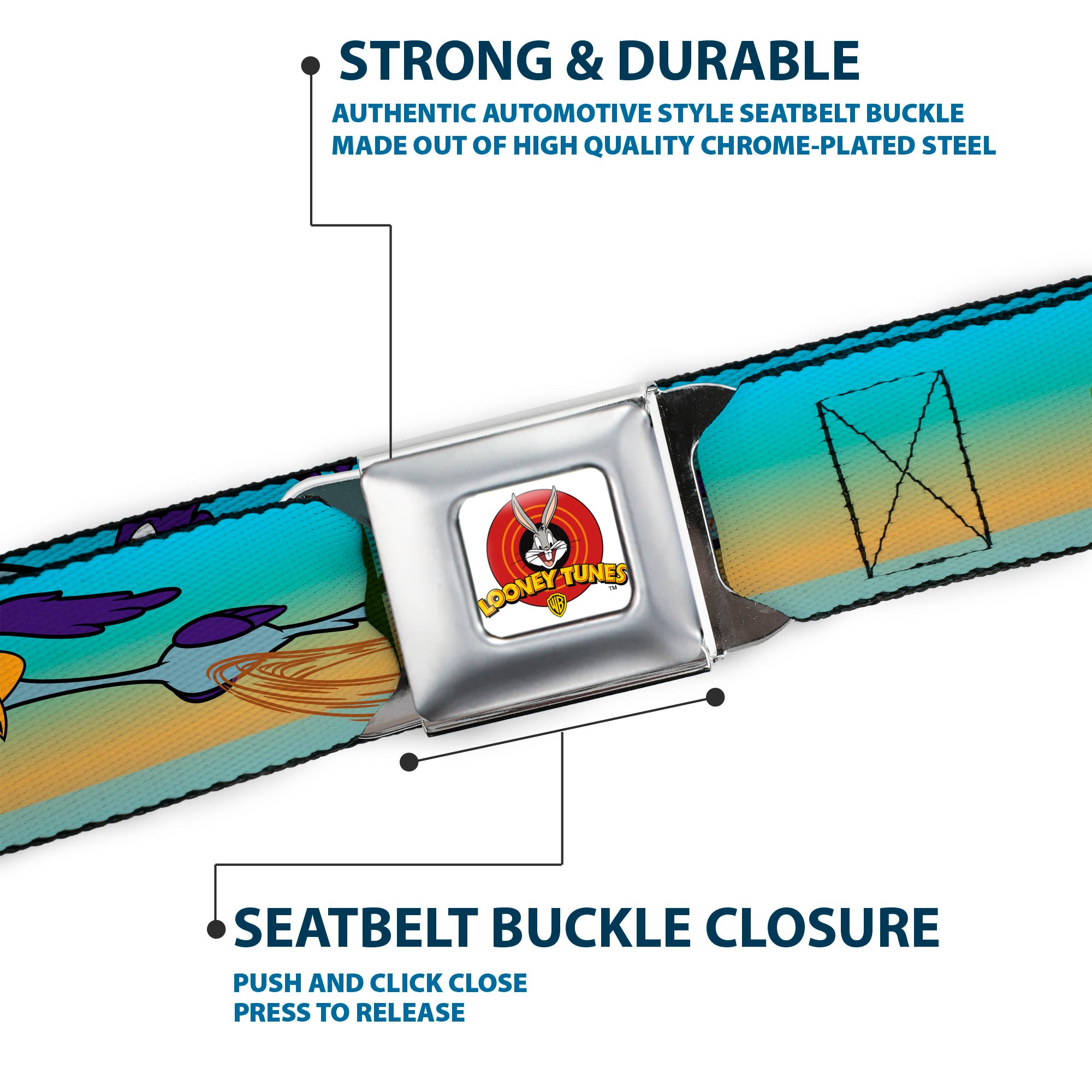 Looney Tunes Logo Full Color White Seatbelt Belt - Road Runner/Wile E. Coyote Scene1 Desert Webbing Seatbelt Belts Looney Tunes