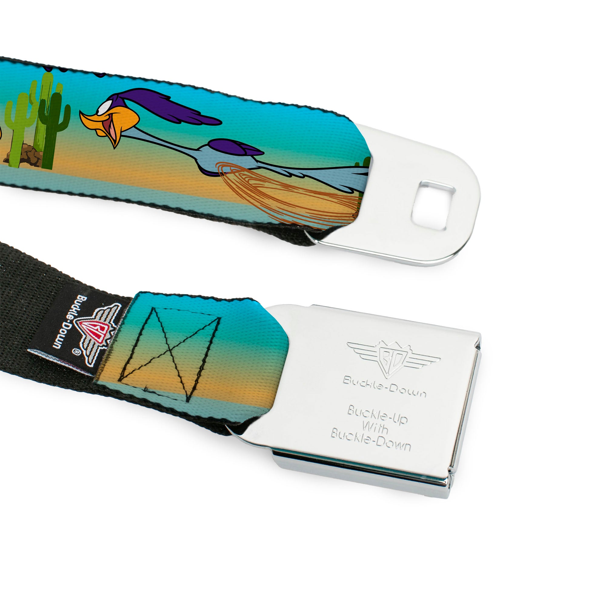 Looney Tunes Logo Full Color White Seatbelt Belt - Road Runner/Wile E. Coyote Scene1 Desert Webbing Seatbelt Belts Looney Tunes