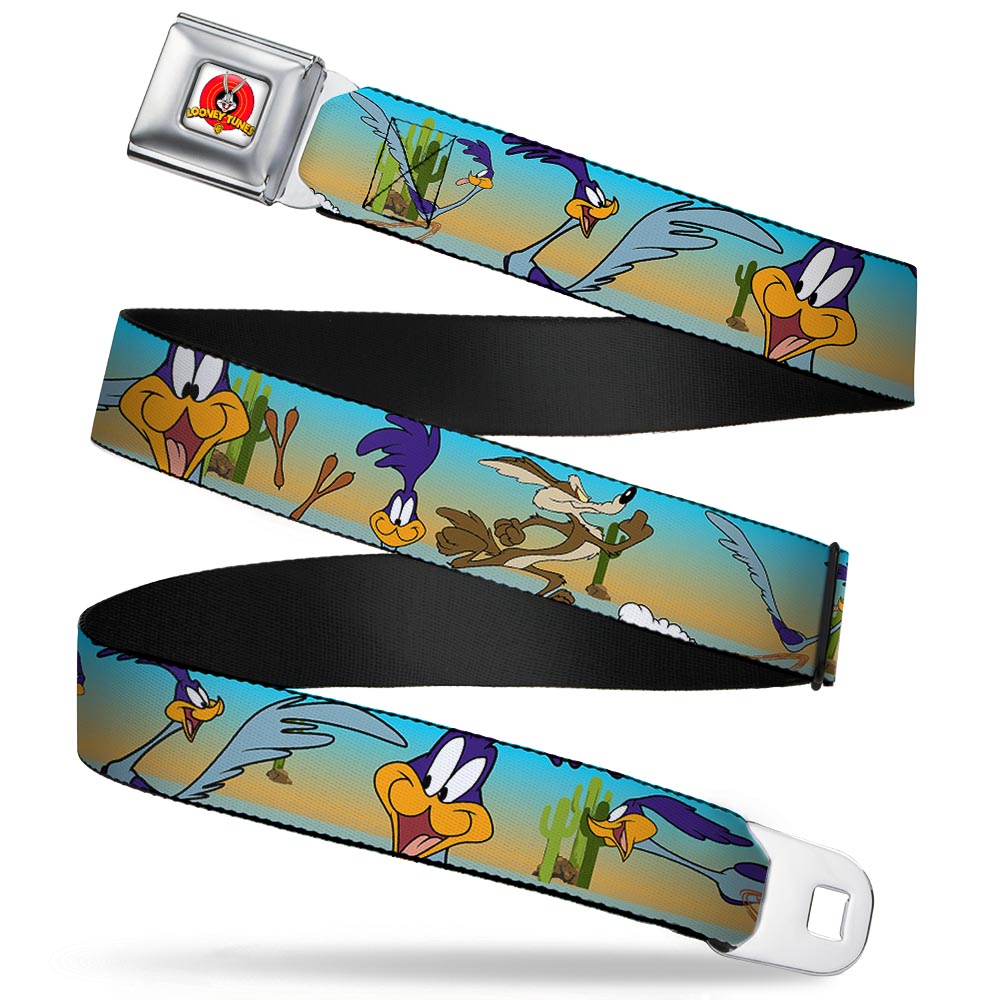 Looney Tunes Logo Full Color White Seatbelt Belt - Road Runner/Wile E. Coyote Scene1 Desert Webbing Seatbelt Belts Looney Tunes