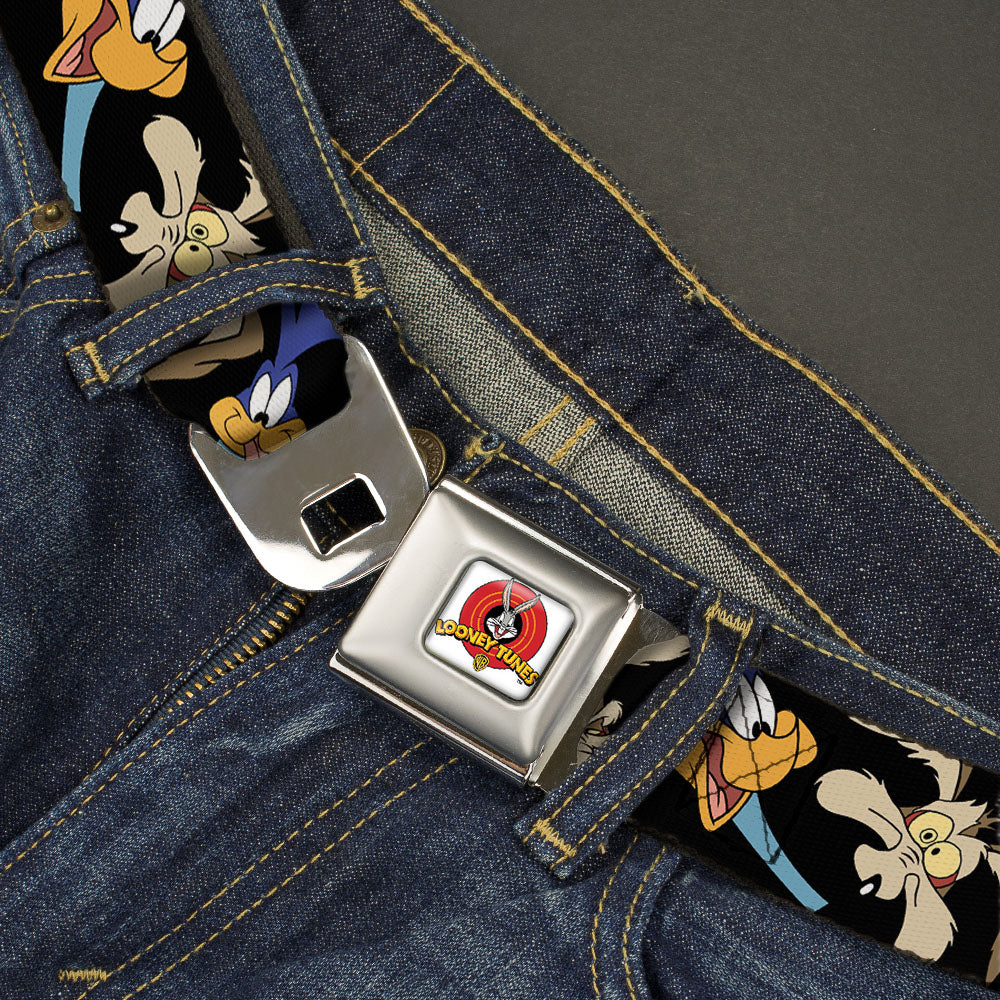 Looney Tunes Logo Full Color White Seatbelt Belt - Road Runner/Wile E. Coyote Expressions CLOSE-UP Black Webbing Seatbelt Belts Looney Tunes