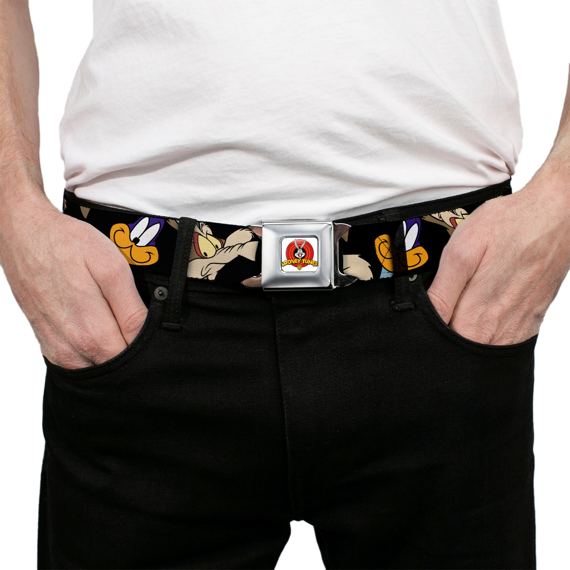 Looney Tunes Logo Full Color White Seatbelt Belt - Road Runner/Wile E. Coyote Expressions CLOSE-UP Black Webbing Seatbelt Belts Looney Tunes