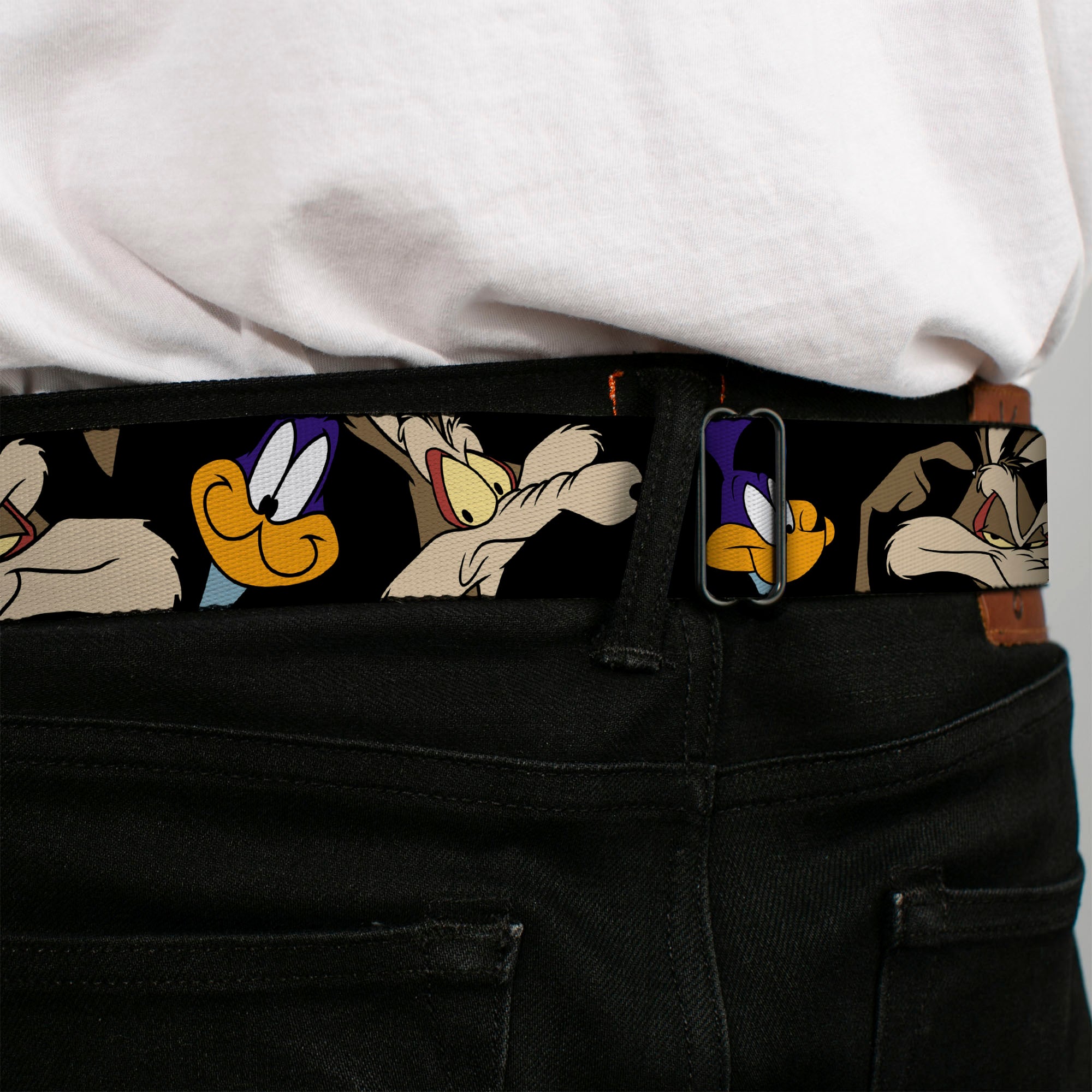 Looney Tunes Logo Full Color White Seatbelt Belt - Road Runner/Wile E. Coyote Expressions CLOSE-UP Black Webbing Seatbelt Belts Looney Tunes