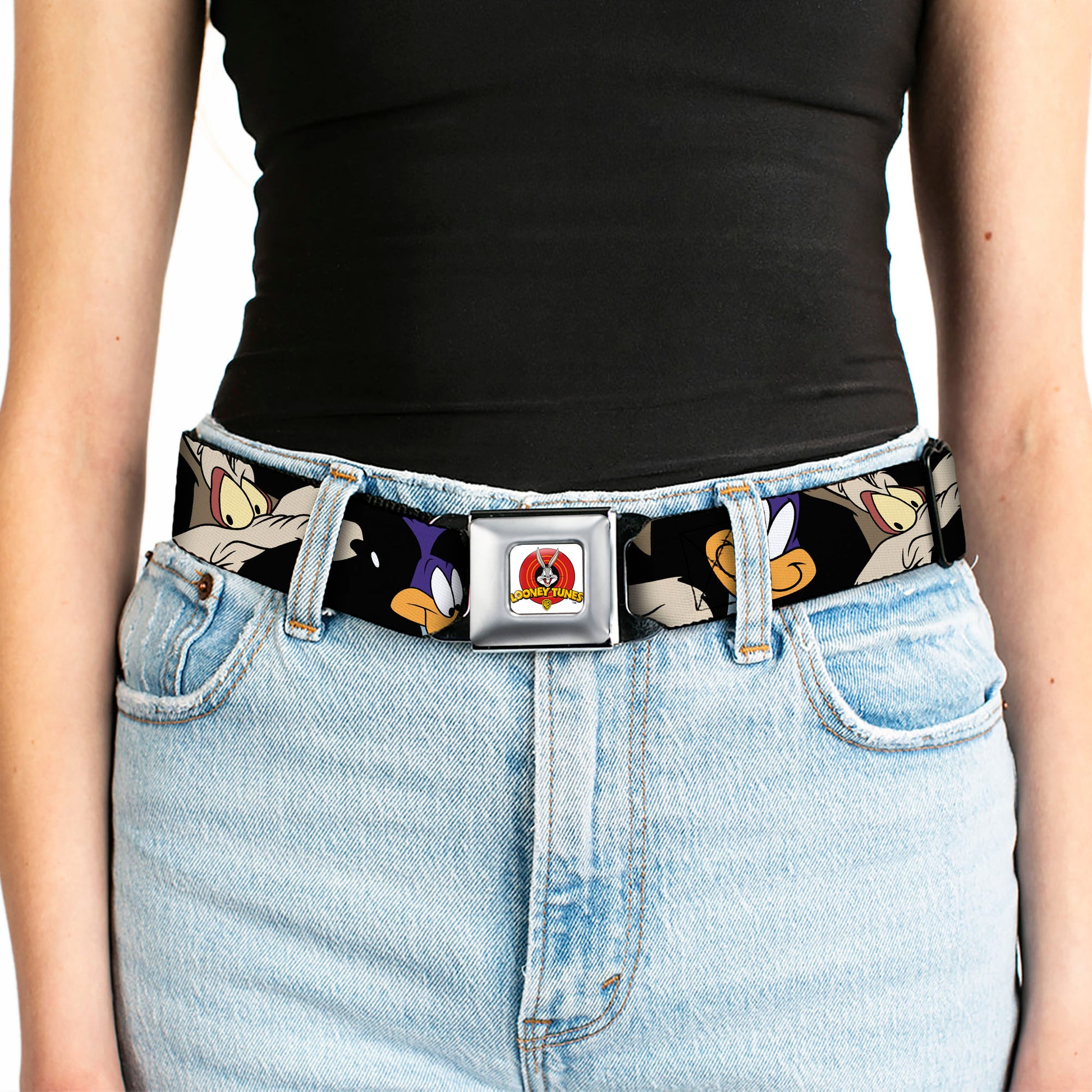 Looney Tunes Logo Full Color White Seatbelt Belt - Road Runner/Wile E. Coyote Expressions CLOSE-UP Black Webbing Seatbelt Belts Looney Tunes