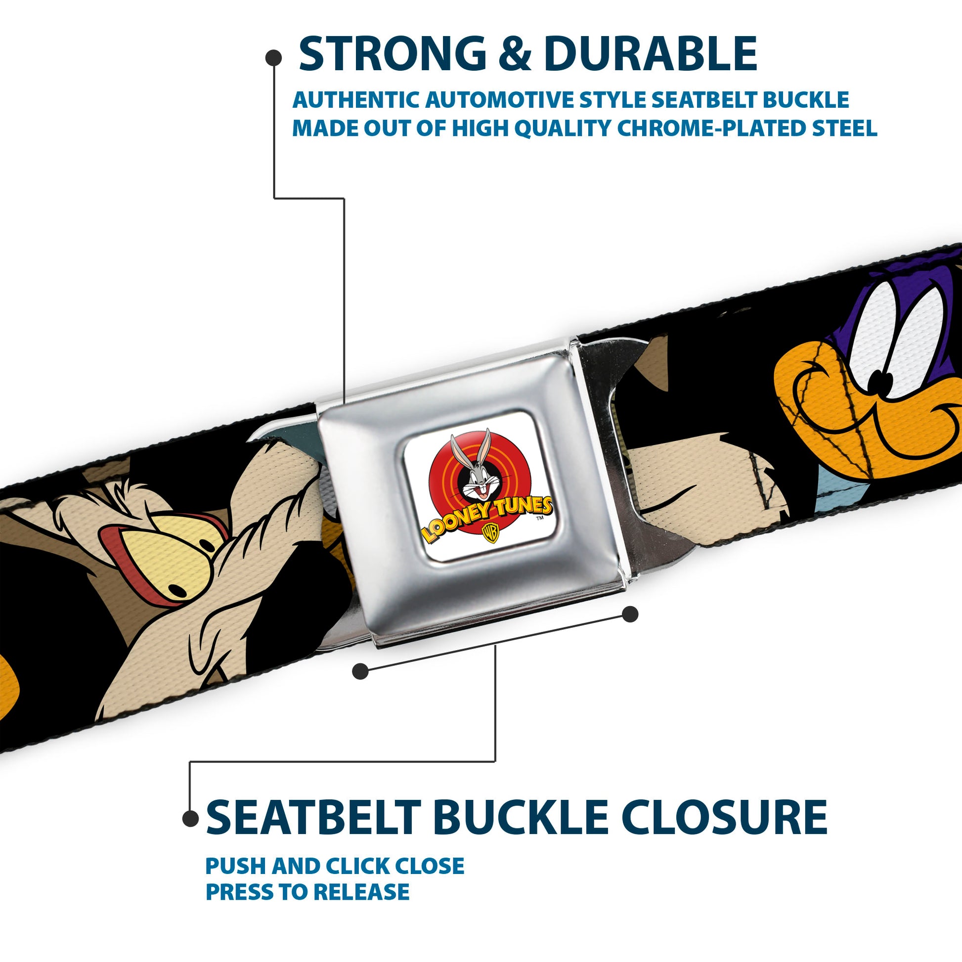 Looney Tunes Logo Full Color White Seatbelt Belt - Road Runner/Wile E. Coyote Expressions CLOSE-UP Black Webbing Seatbelt Belts Looney Tunes