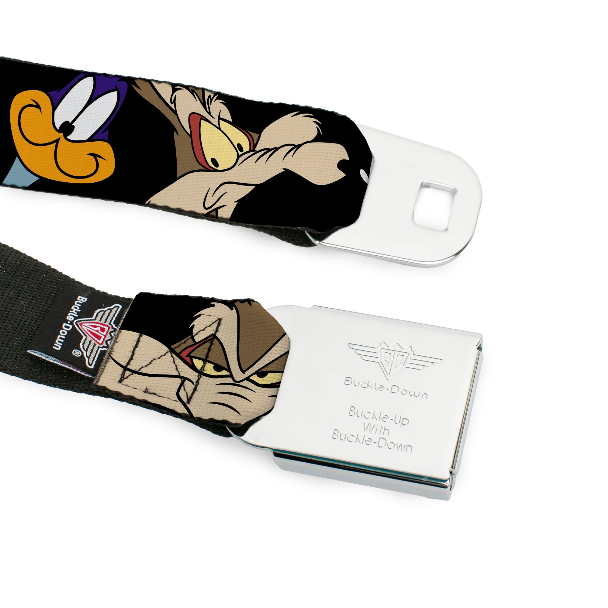 Looney Tunes Logo Full Color White Seatbelt Belt - Road Runner/Wile E. Coyote Expressions CLOSE-UP Black Webbing Seatbelt Belts Looney Tunes