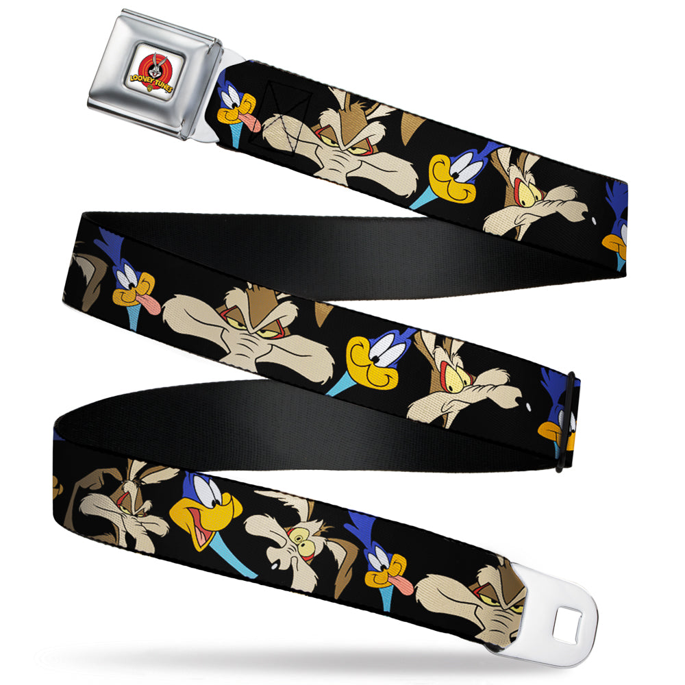 Looney Tunes Logo Full Color White Seatbelt Belt - Road Runner/Wile E. Coyote Expressions CLOSE-UP Black Webbing Seatbelt Belts Looney Tunes