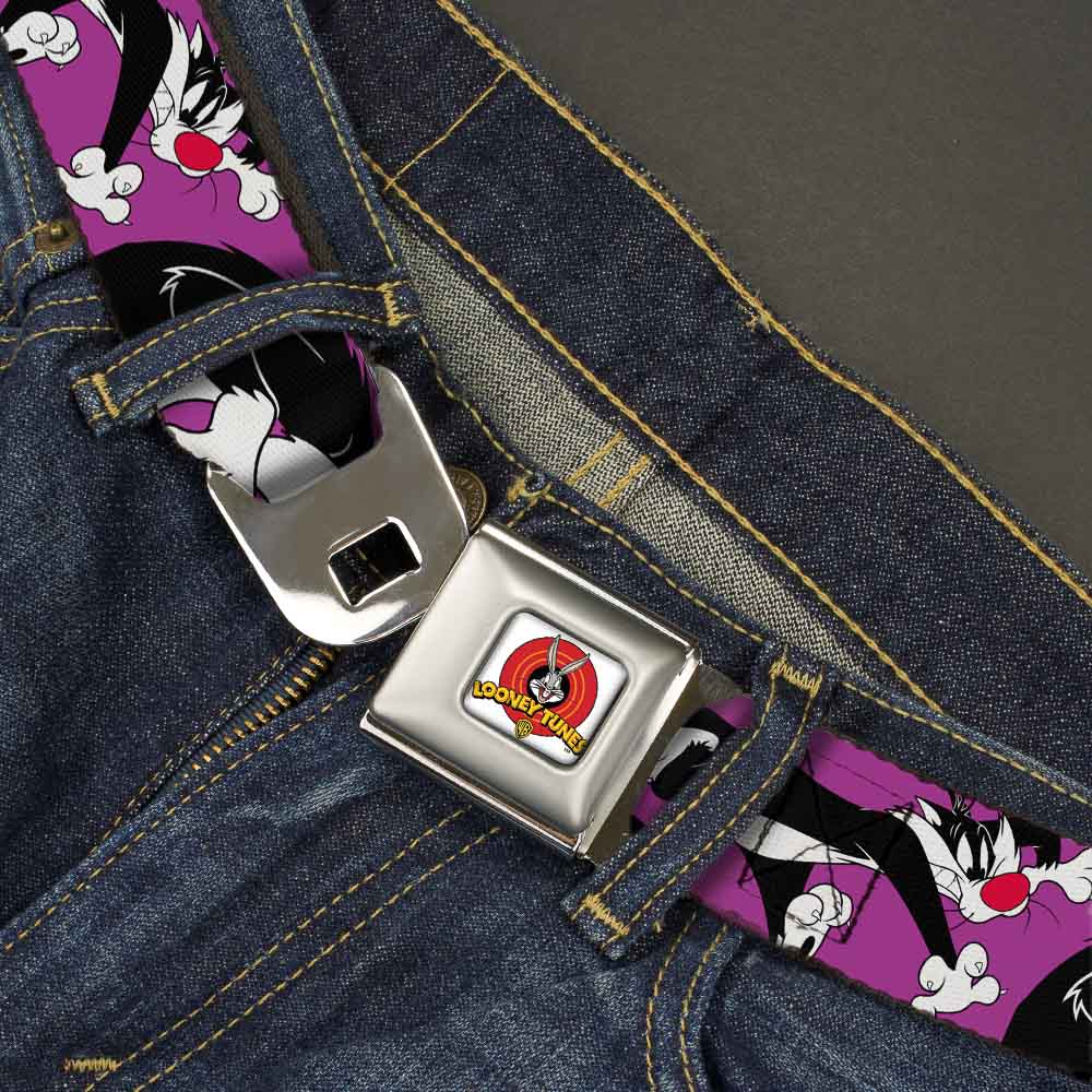 Looney Tunes Logo Full Color White Seatbelt Belt - Sylvester the Cat Poses Purple Webbing Seatbelt Belts Looney Tunes