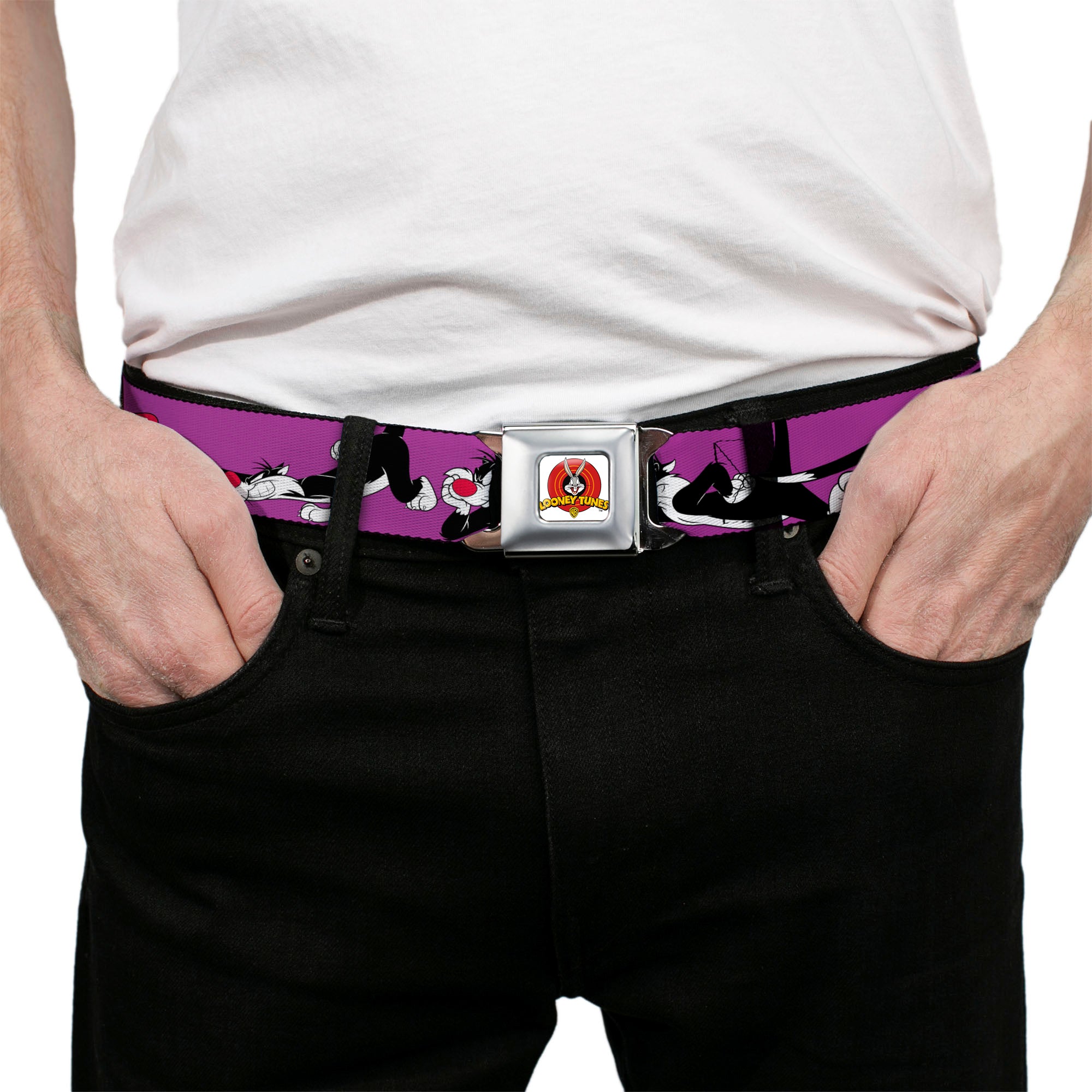 Looney Tunes Logo Full Color White Seatbelt Belt - Sylvester the Cat Poses Purple Webbing Seatbelt Belts Looney Tunes