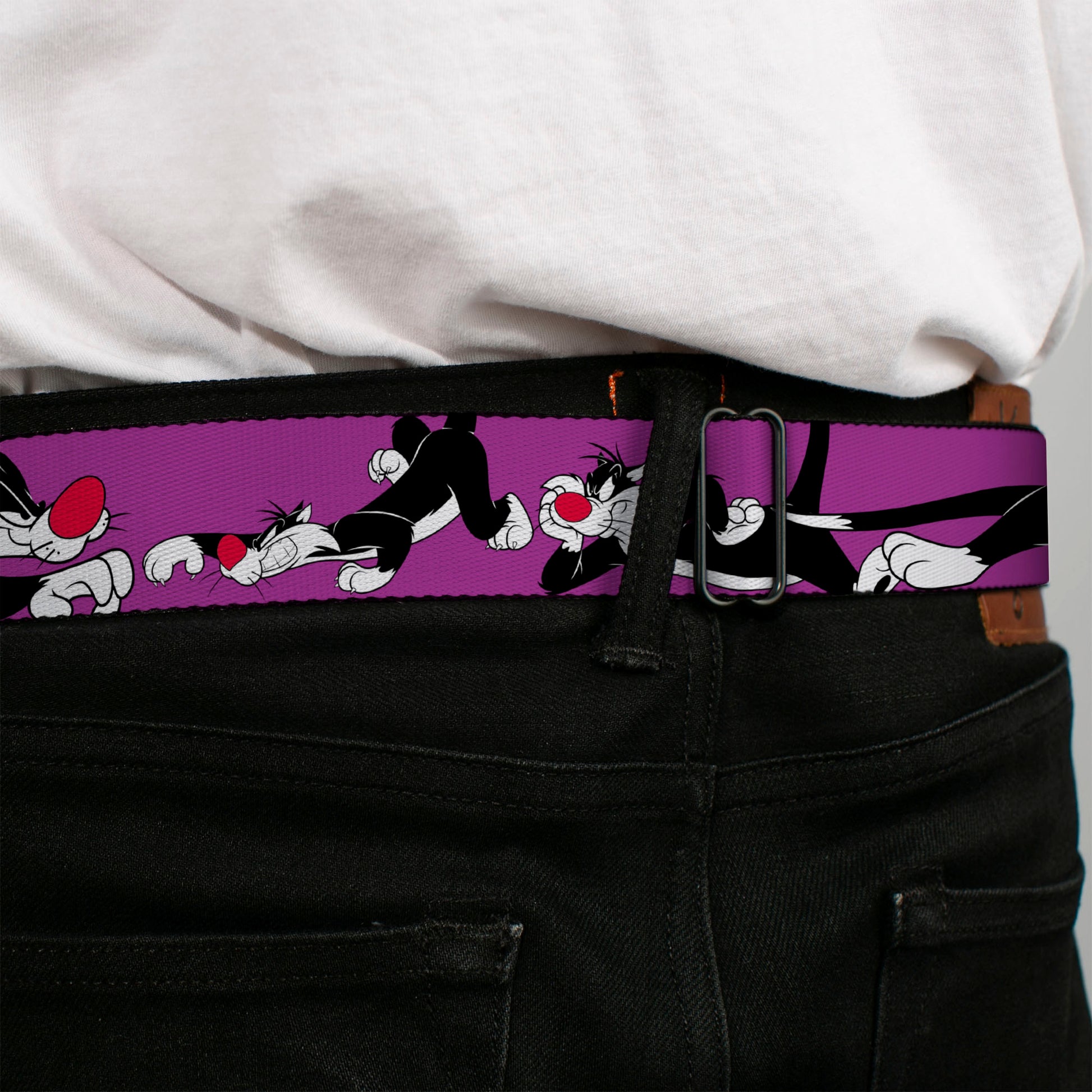 Looney Tunes Logo Full Color White Seatbelt Belt - Sylvester the Cat Poses Purple Webbing Seatbelt Belts Looney Tunes