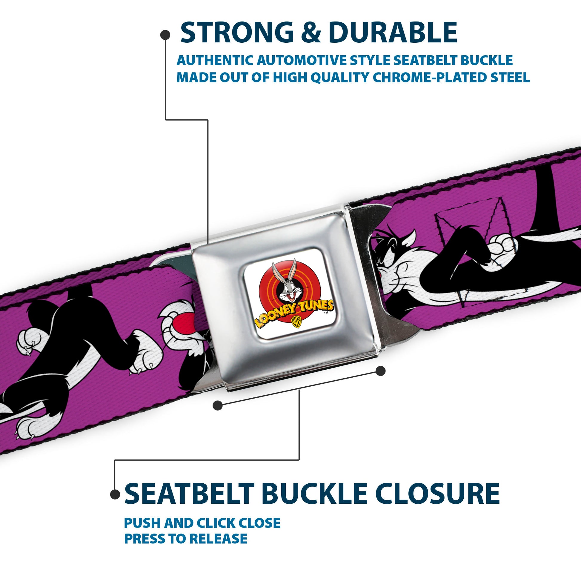 Looney Tunes Logo Full Color White Seatbelt Belt - Sylvester the Cat Poses Purple Webbing Seatbelt Belts Looney Tunes