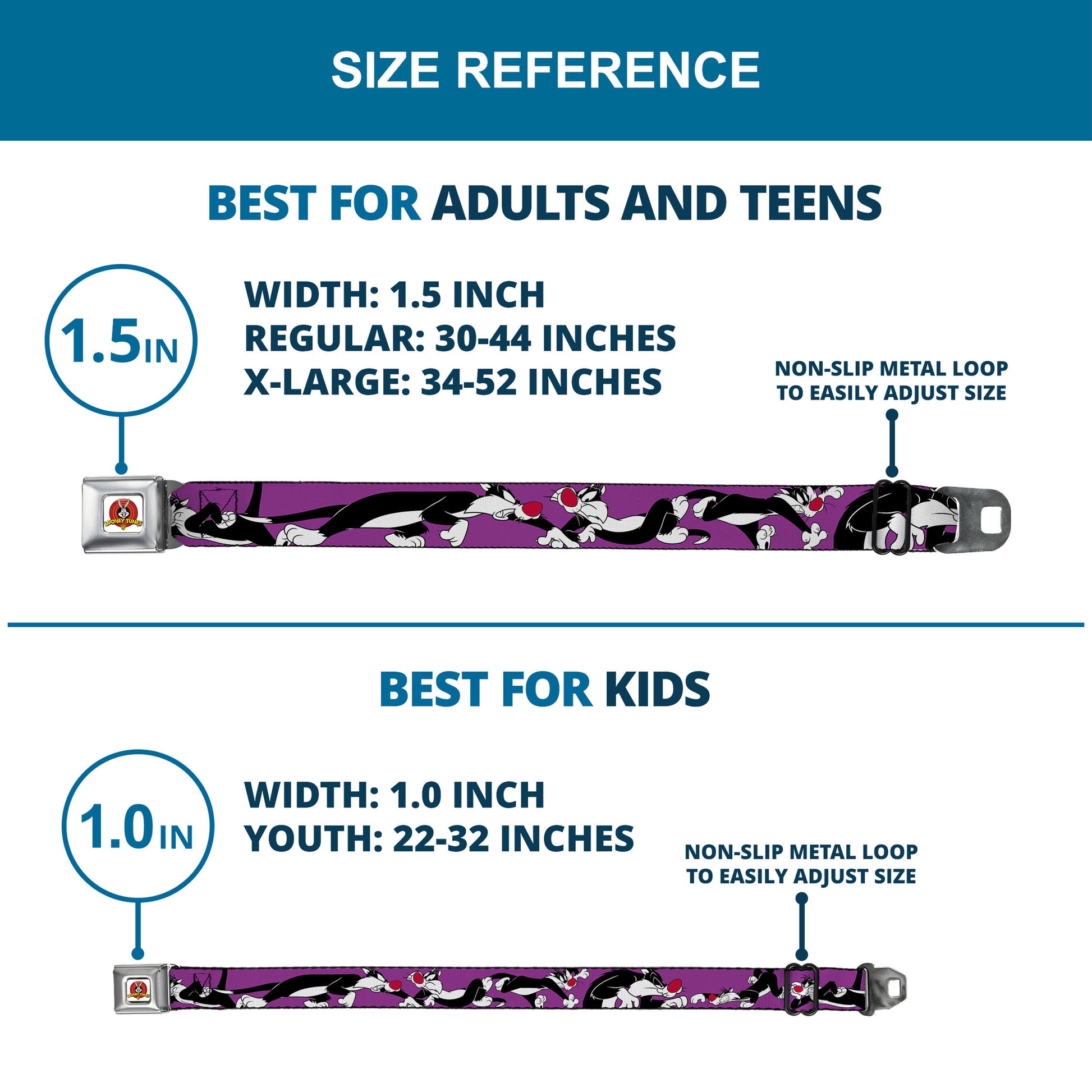 Looney Tunes Logo Full Color White Seatbelt Belt - Sylvester the Cat Poses Purple Webbing Seatbelt Belts Looney Tunes