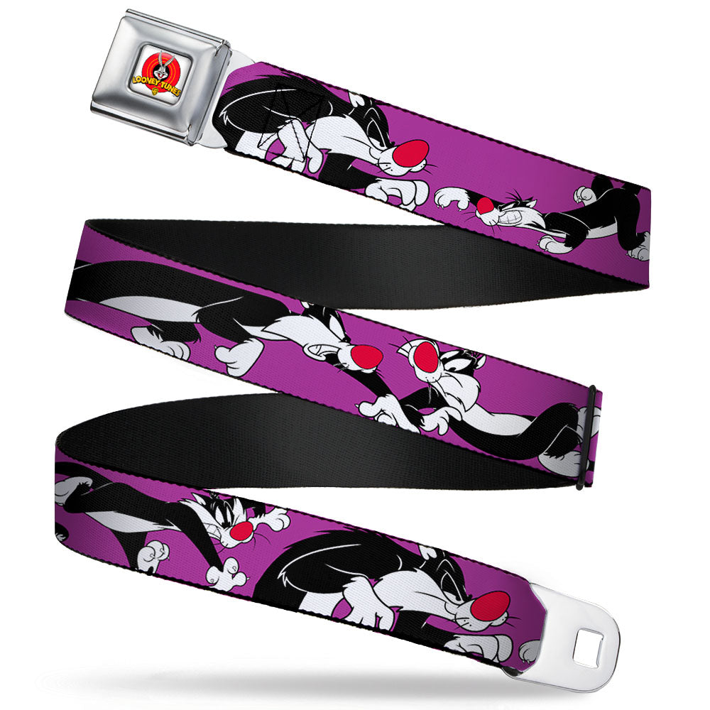 Looney Tunes Logo Full Color White Seatbelt Belt - Sylvester the Cat Poses Purple Webbing Seatbelt Belts Looney Tunes