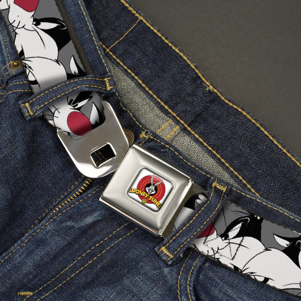 Looney Tunes Logo Full Color White Seatbelt Belt - Sylvester the Cat Expressions Gray Webbing Seatbelt Belts Looney Tunes