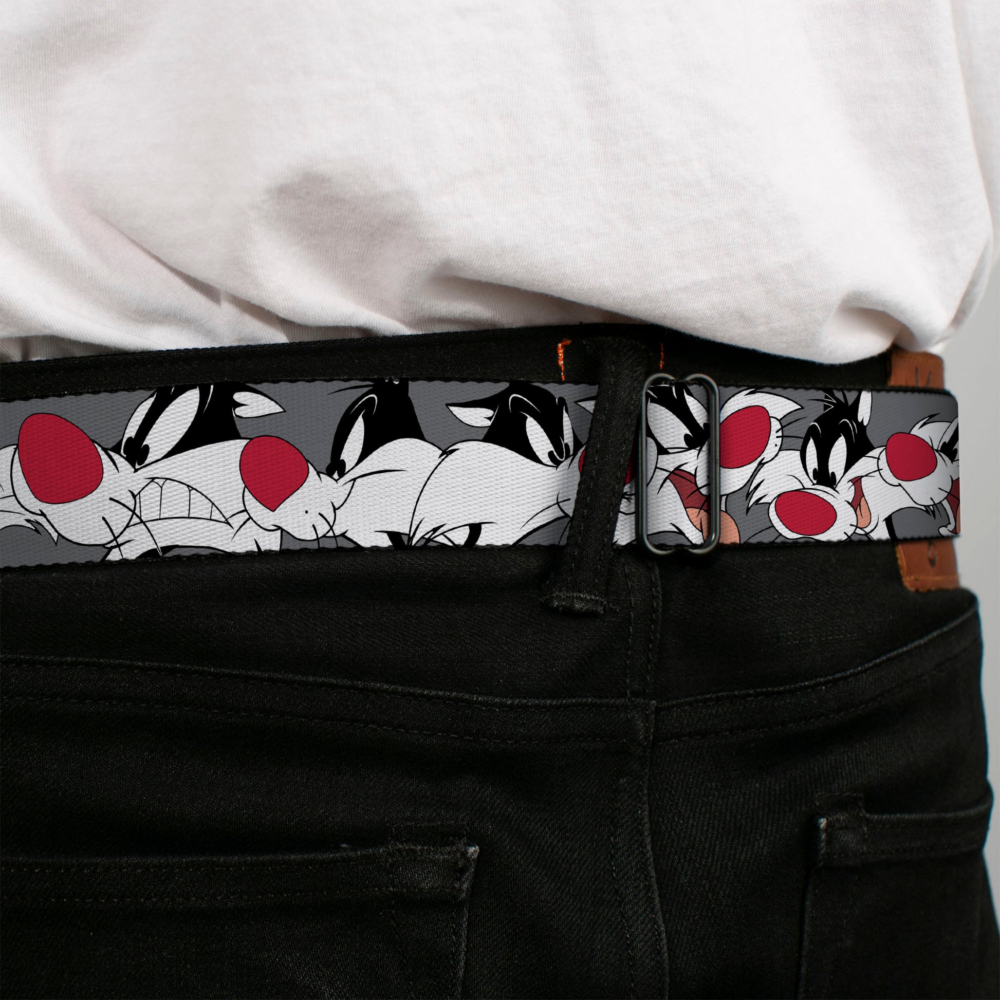 Looney Tunes Logo Full Color White Seatbelt Belt - Sylvester the Cat Expressions Gray Webbing Seatbelt Belts Looney Tunes