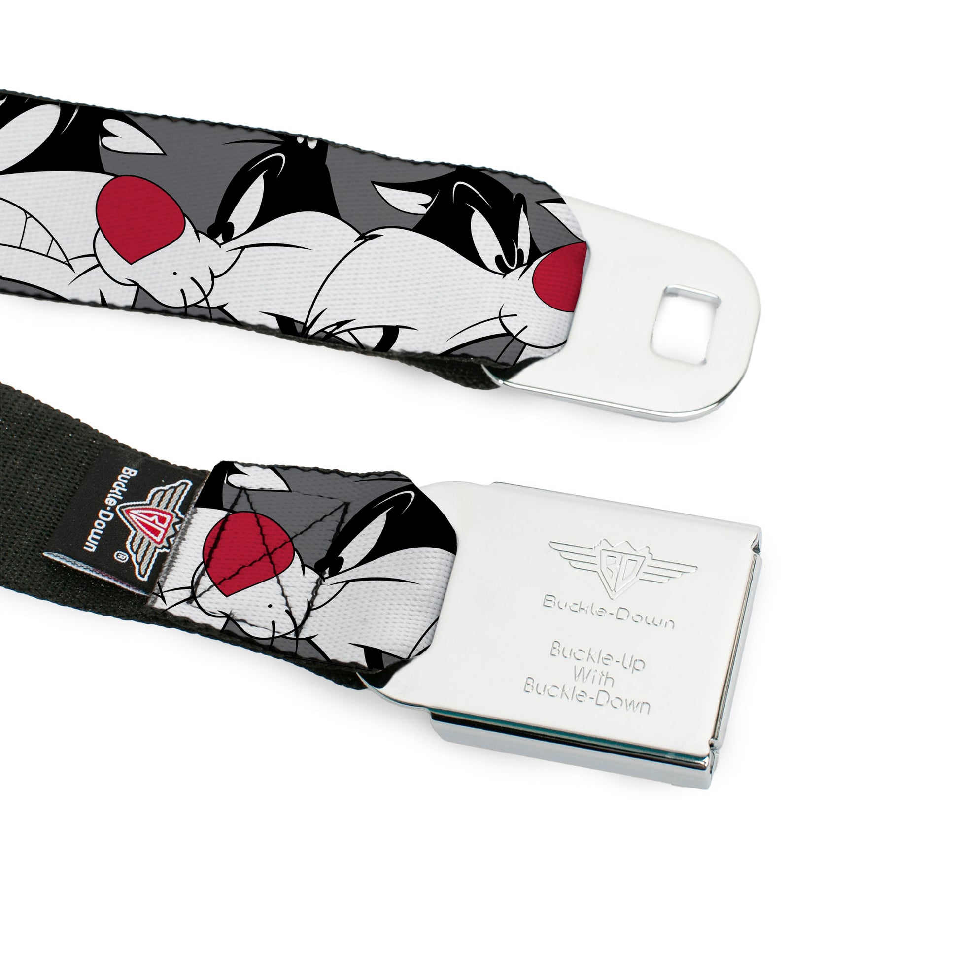 Looney Tunes Logo Full Color White Seatbelt Belt - Sylvester the Cat Expressions Gray Webbing Seatbelt Belts Looney Tunes