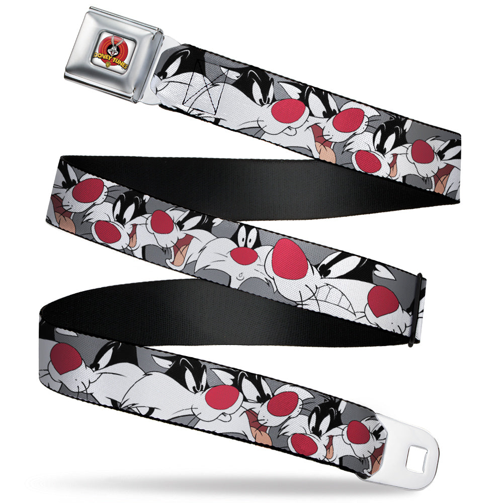 Looney Tunes Logo Full Color White Seatbelt Belt - Sylvester the Cat Expressions Gray Webbing Seatbelt Belts Looney Tunes