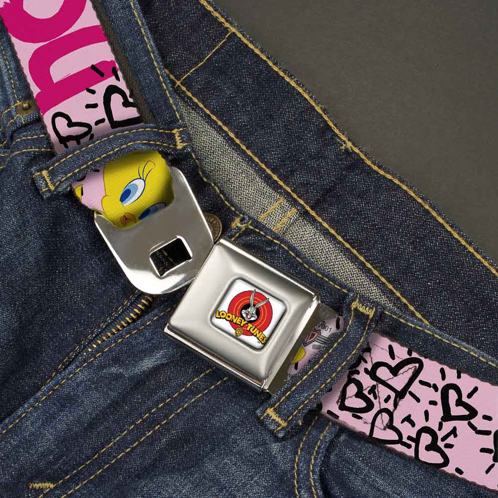 Looney Tunes Logo Full Color White Seatbelt Belt - Tweety Bird I LOVE YOU Pink/Black Webbing Seatbelt Belts Looney Tunes