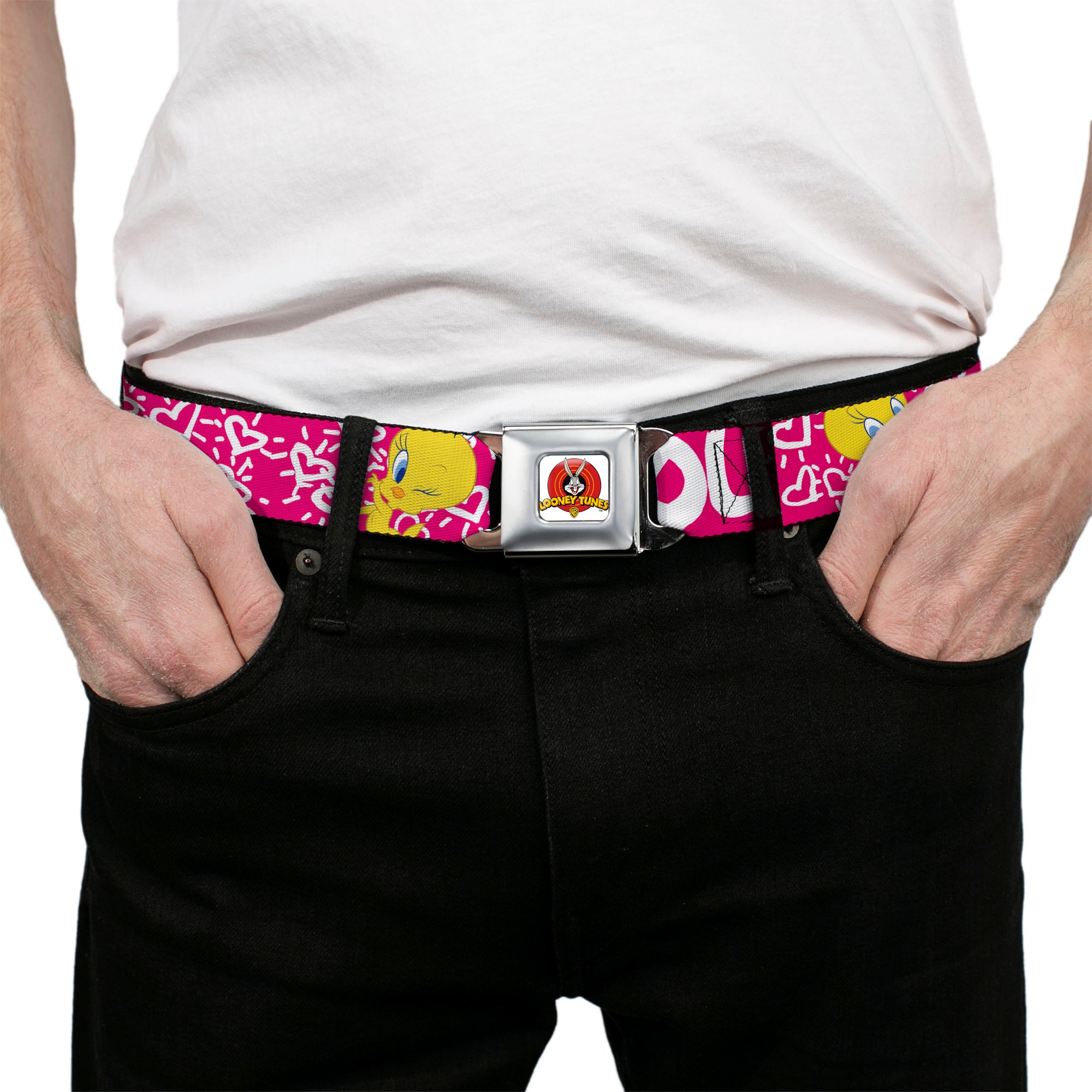 Looney Tunes Logo Full Color White Seatbelt Belt - Tweety Bird I LOVE YOU Pink/Black Webbing Seatbelt Belts Looney Tunes