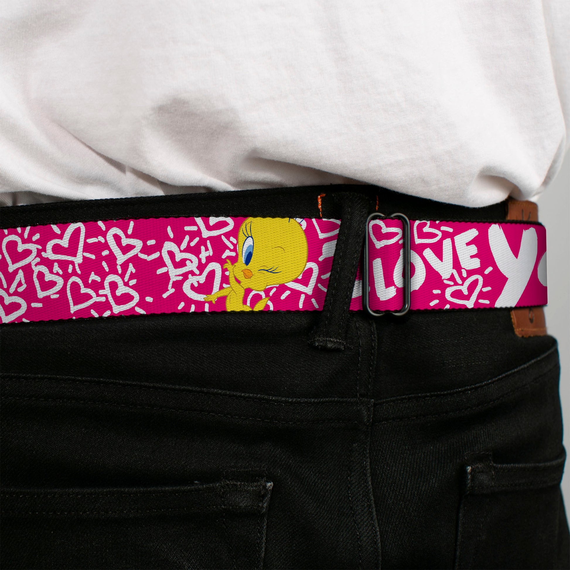 Looney Tunes Logo Full Color White Seatbelt Belt - Tweety Bird I LOVE YOU Pink/Black Webbing Seatbelt Belts Looney Tunes