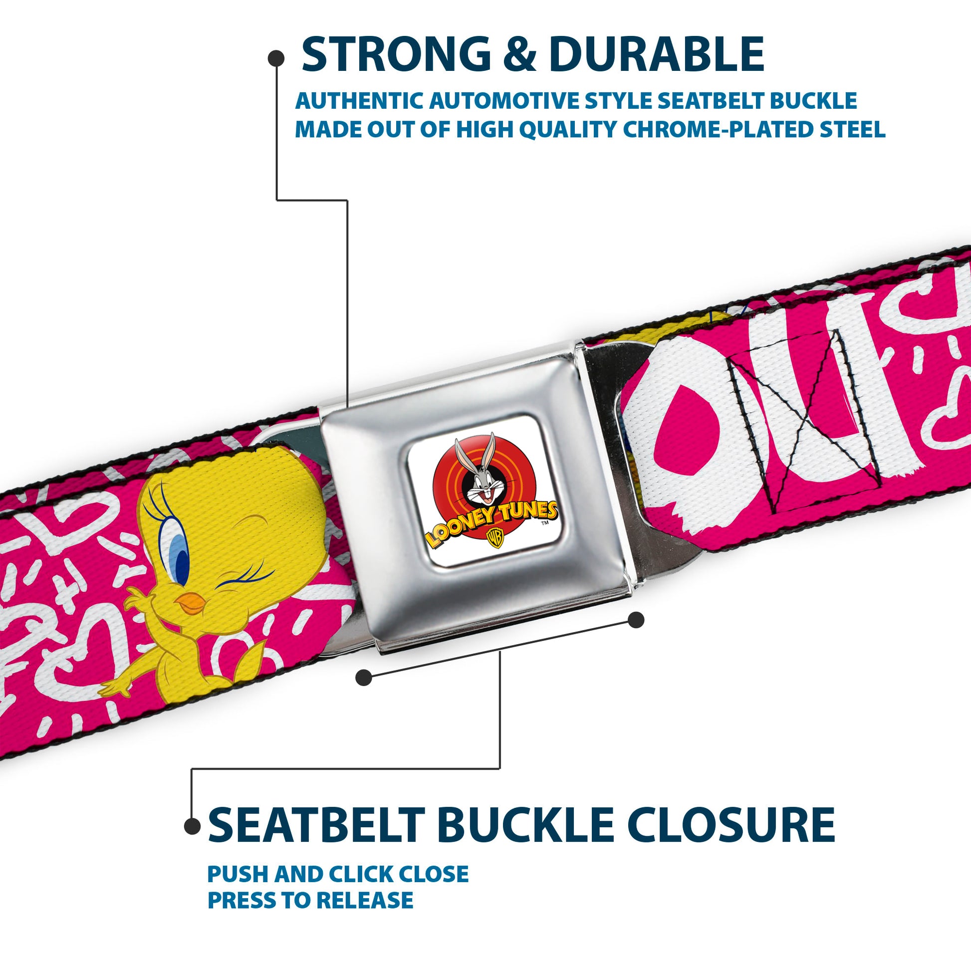 Looney Tunes Logo Full Color White Seatbelt Belt - Tweety Bird I LOVE YOU Pink/Black Webbing Seatbelt Belts Looney Tunes