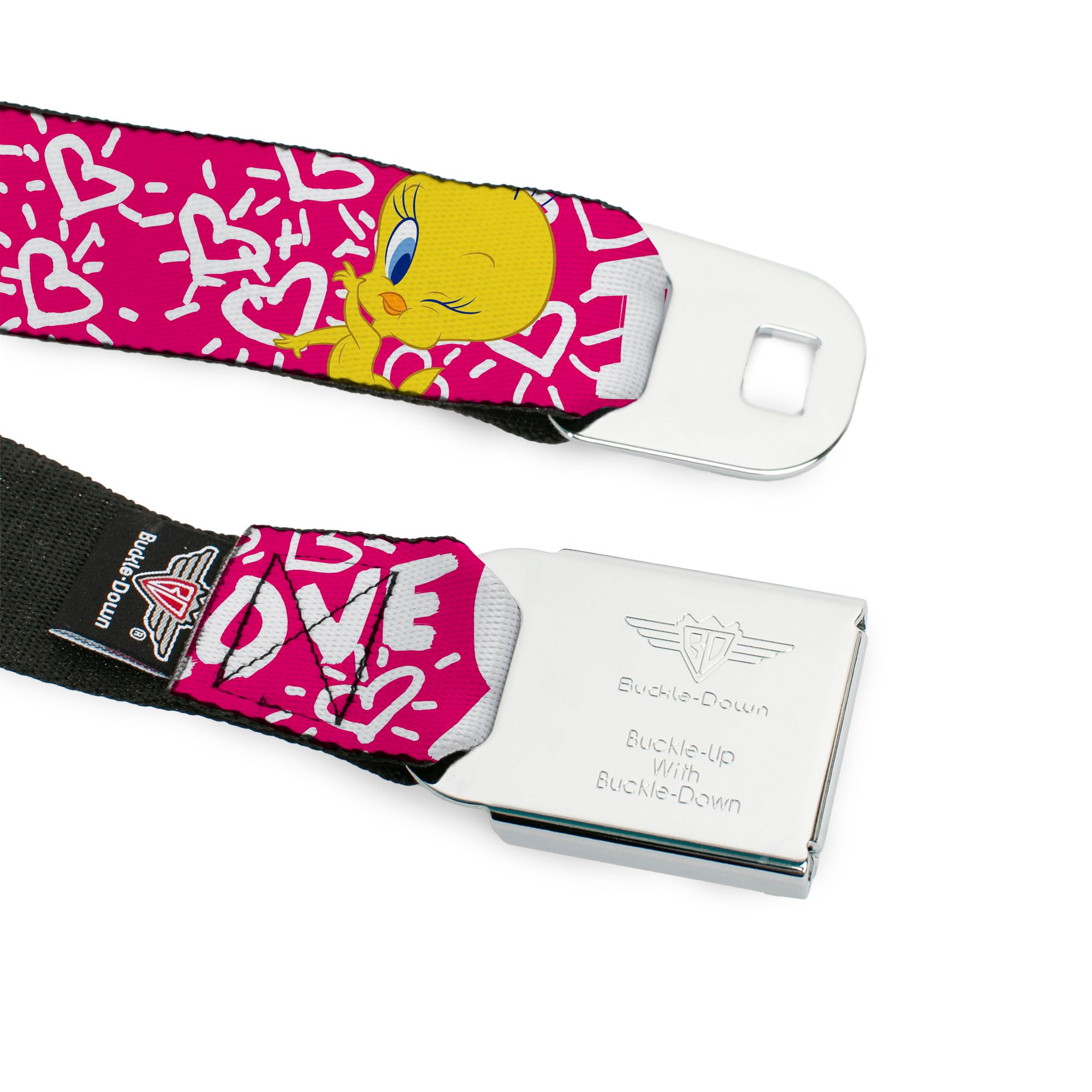 Looney Tunes Logo Full Color White Seatbelt Belt - Tweety Bird I LOVE YOU Pink/Black Webbing Seatbelt Belts Looney Tunes