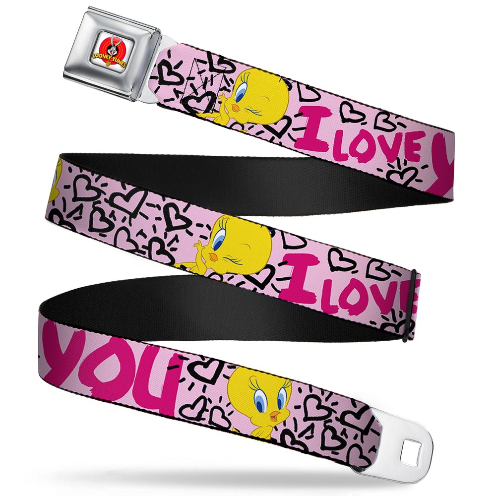 Looney Tunes Logo Full Color White Seatbelt Belt - Tweety Bird I LOVE YOU Pink/Black Webbing Seatbelt Belts Looney Tunes