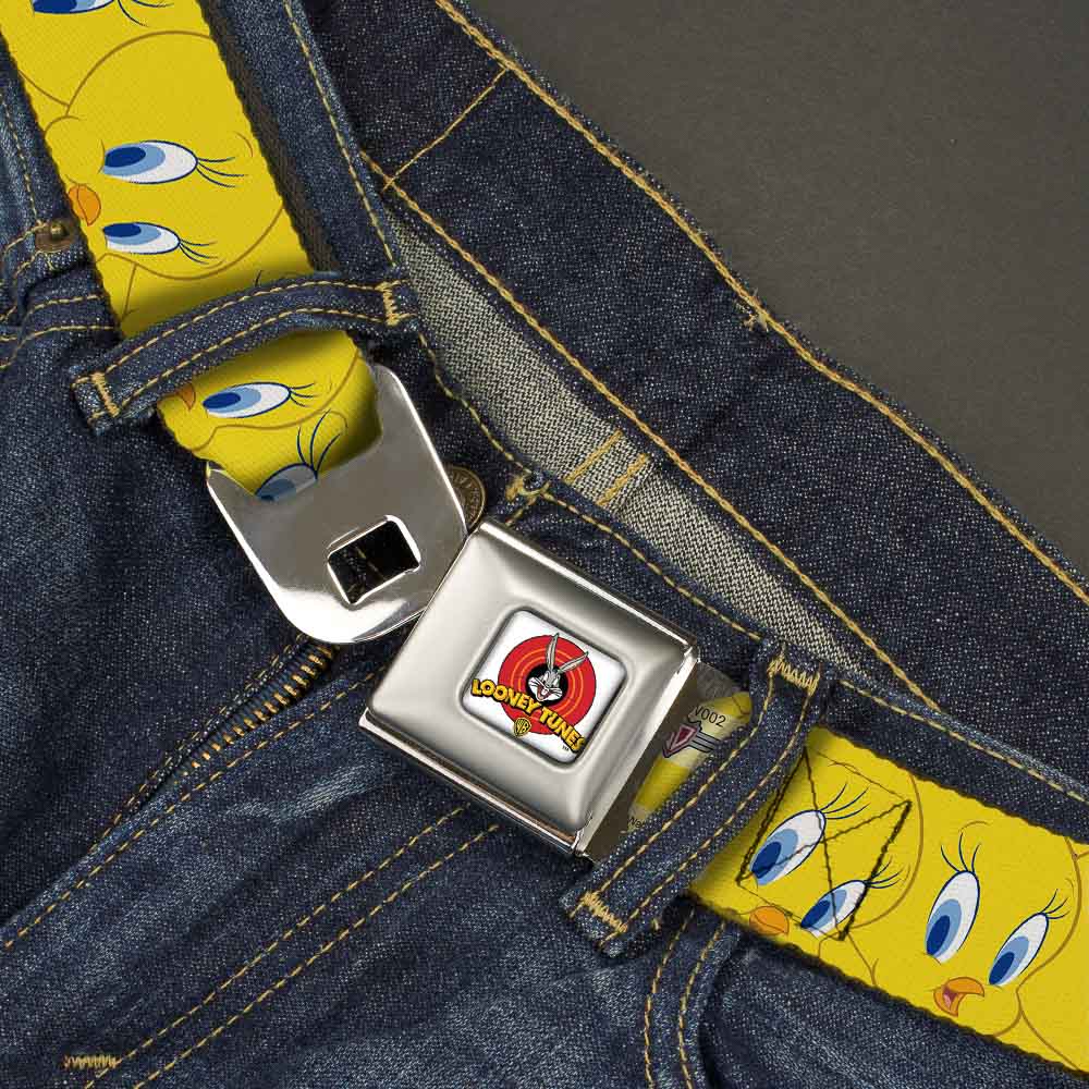 Looney Tunes Logo Full Color White Seatbelt Belt - Tweety Bird Expressions Yellow Webbing Seatbelt Belts Looney Tunes