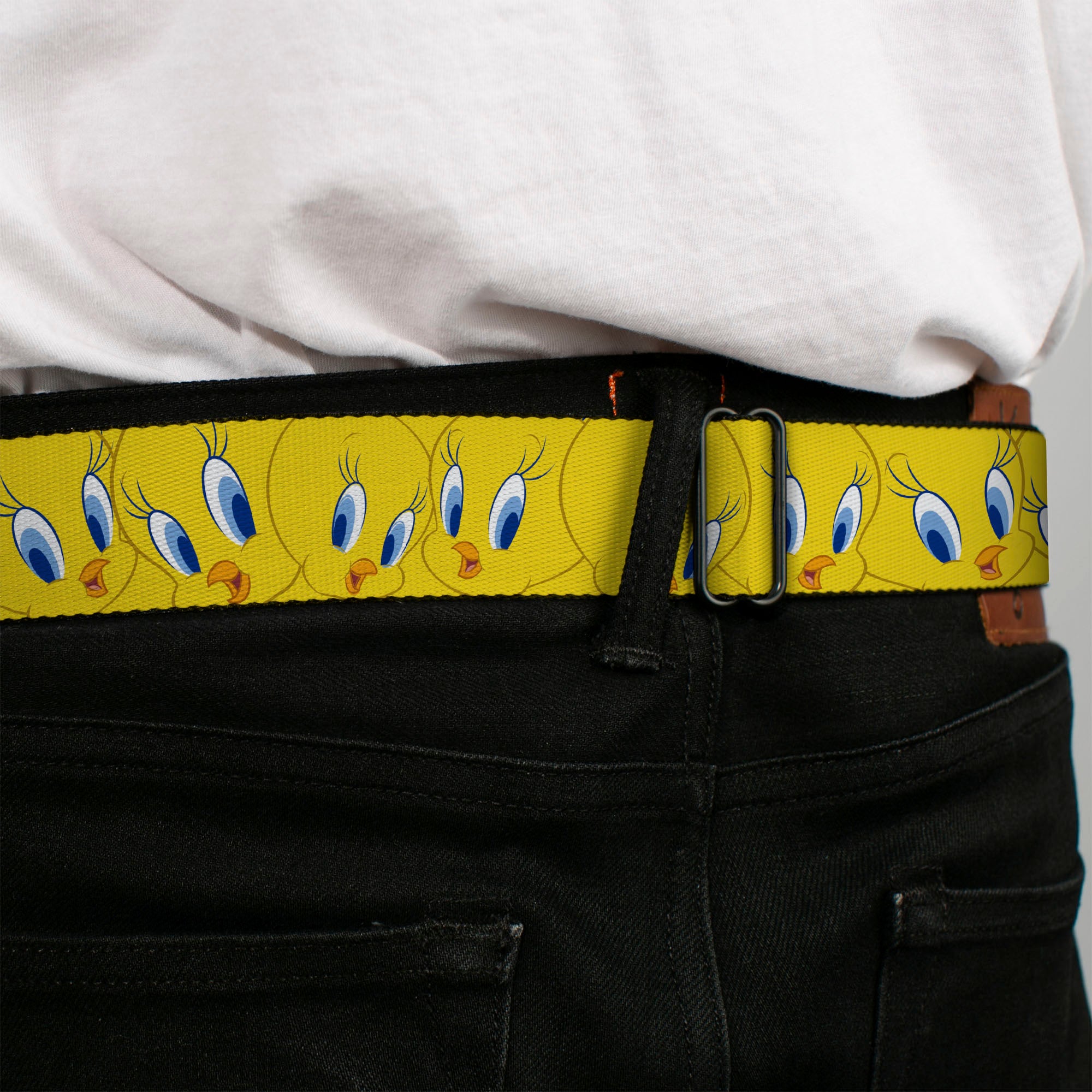 Looney Tunes Logo Full Color White Seatbelt Belt - Tweety Bird Expressions Yellow Webbing Seatbelt Belts Looney Tunes