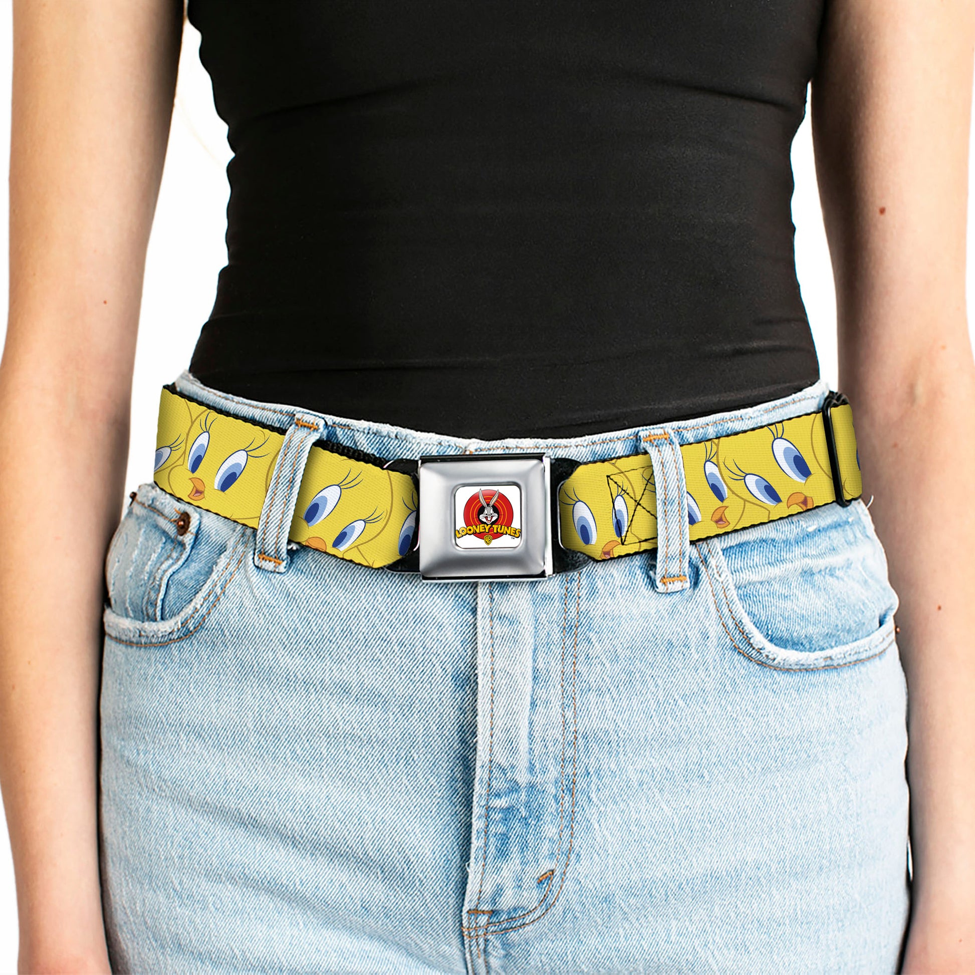 Looney Tunes Logo Full Color White Seatbelt Belt - Tweety Bird Expressions Yellow Webbing Seatbelt Belts Looney Tunes