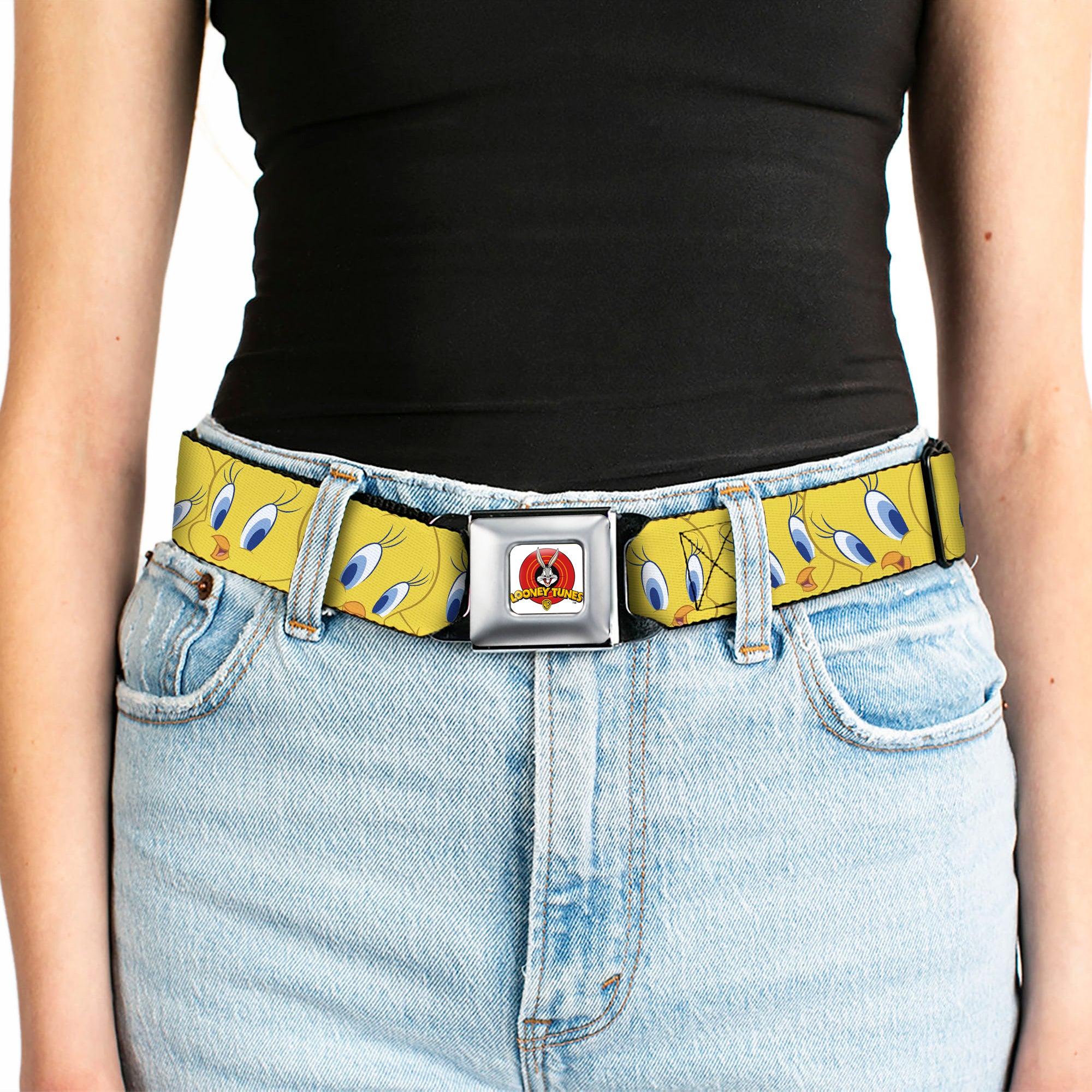 Looney Tunes Logo Full Color White Seatbelt Belt - Tweety Bird Expressions Yellow Webbing Seatbelt Belts Looney Tunes