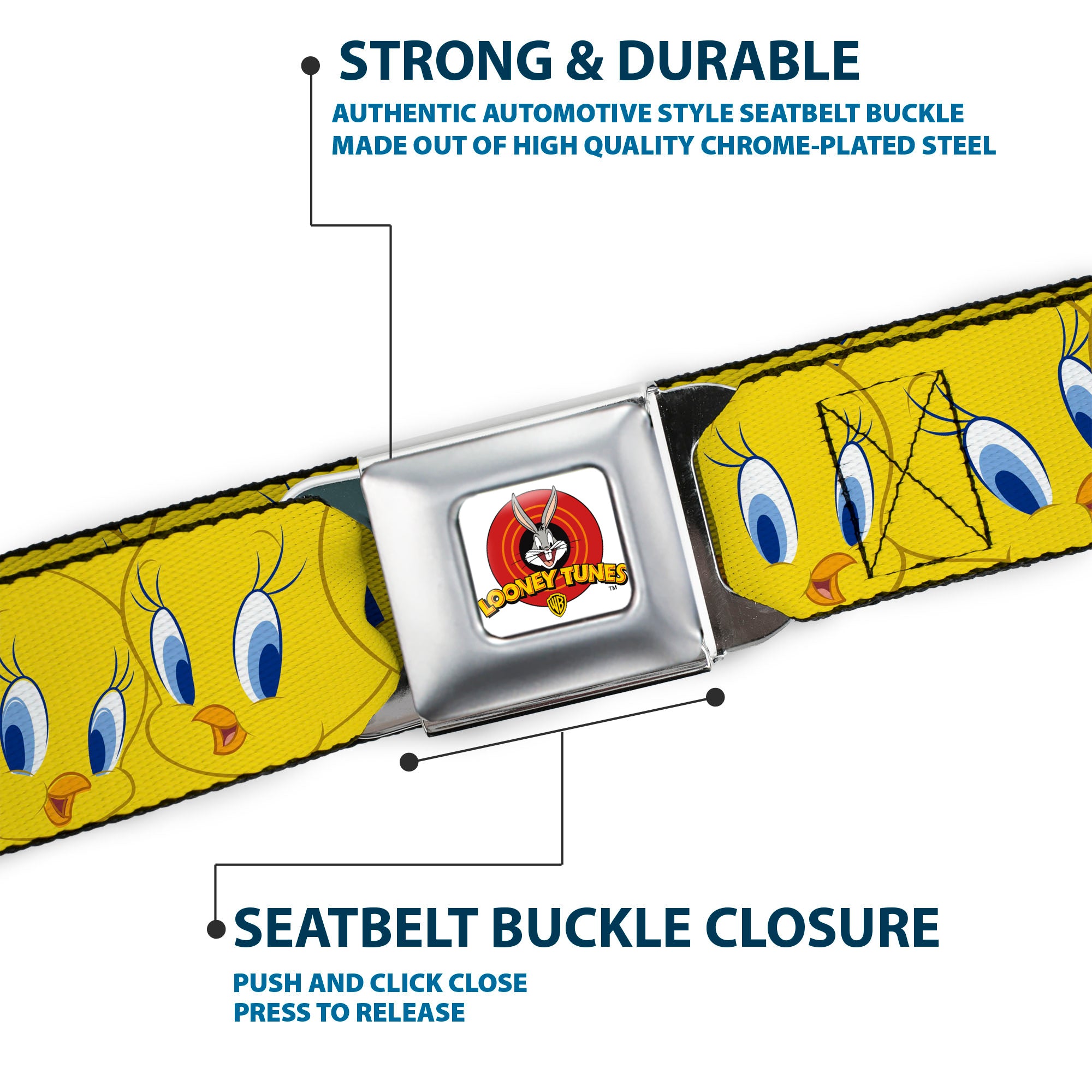 Looney Tunes Logo Full Color White Seatbelt Belt - Tweety Bird Expressions Yellow Webbing Seatbelt Belts Looney Tunes