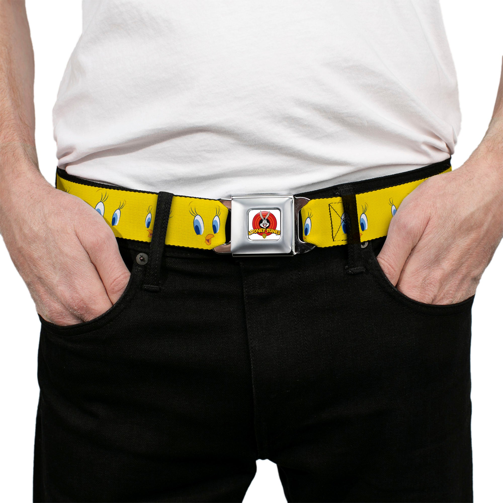 Looney Tunes Logo Full Color White Seatbelt Belt - Tweety Bird Expressions2 Webbing Seatbelt Belts Looney Tunes